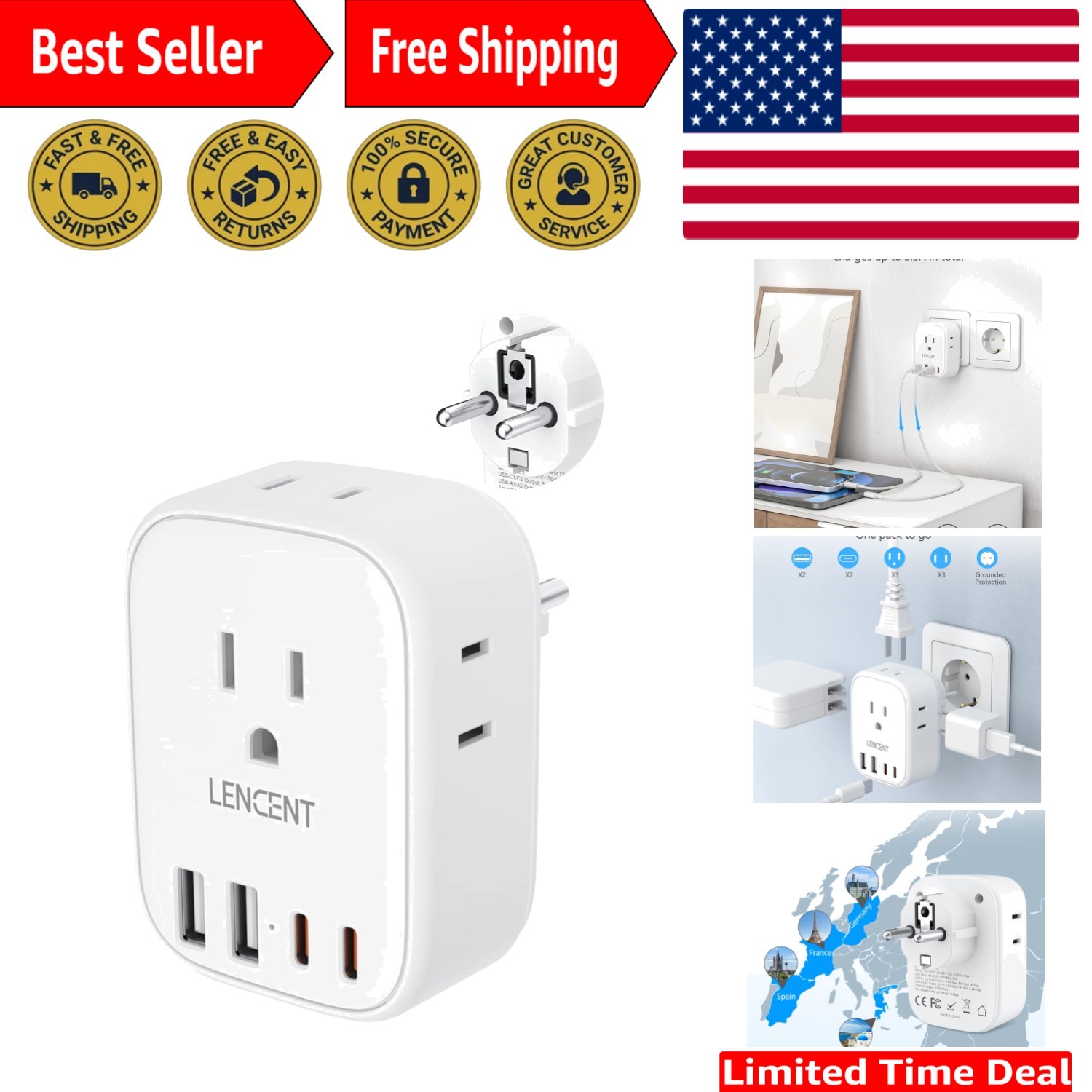 France Travel Power Adapter, Schuko Type E/F Power Plug Adaptor with 4 USB Po...