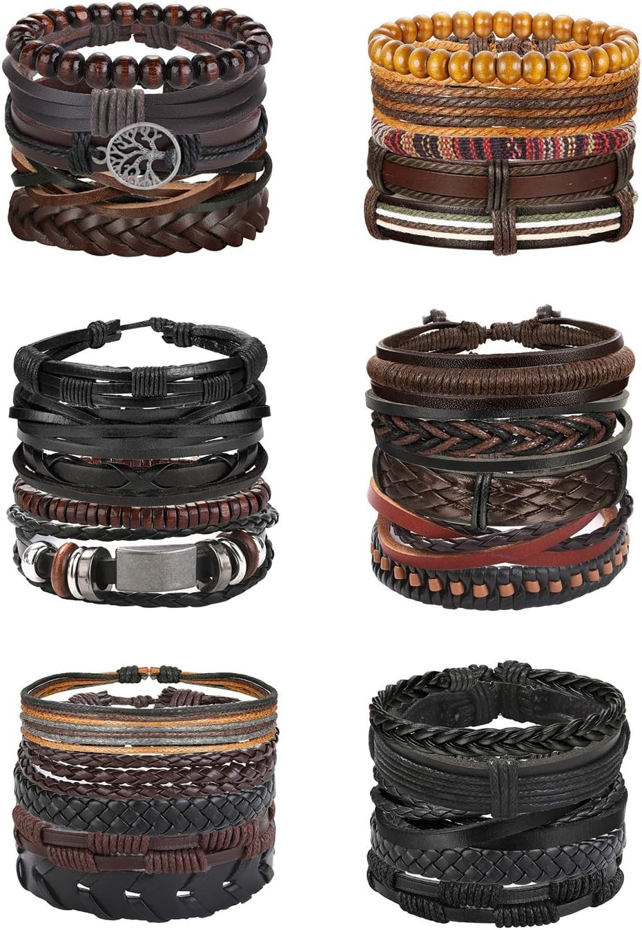 30PCS Braided Leather Bracelets for Men Women Wrap Wood Beads Bracelet Woven Eth