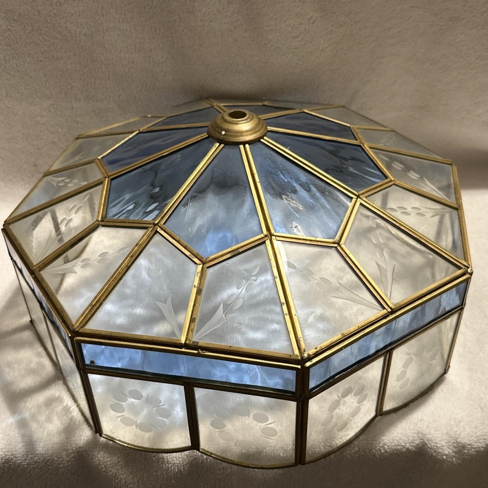 Slag Glass Light Shade Clear Etched Leaded Beveled Brass Blue Glass 12.5 Round