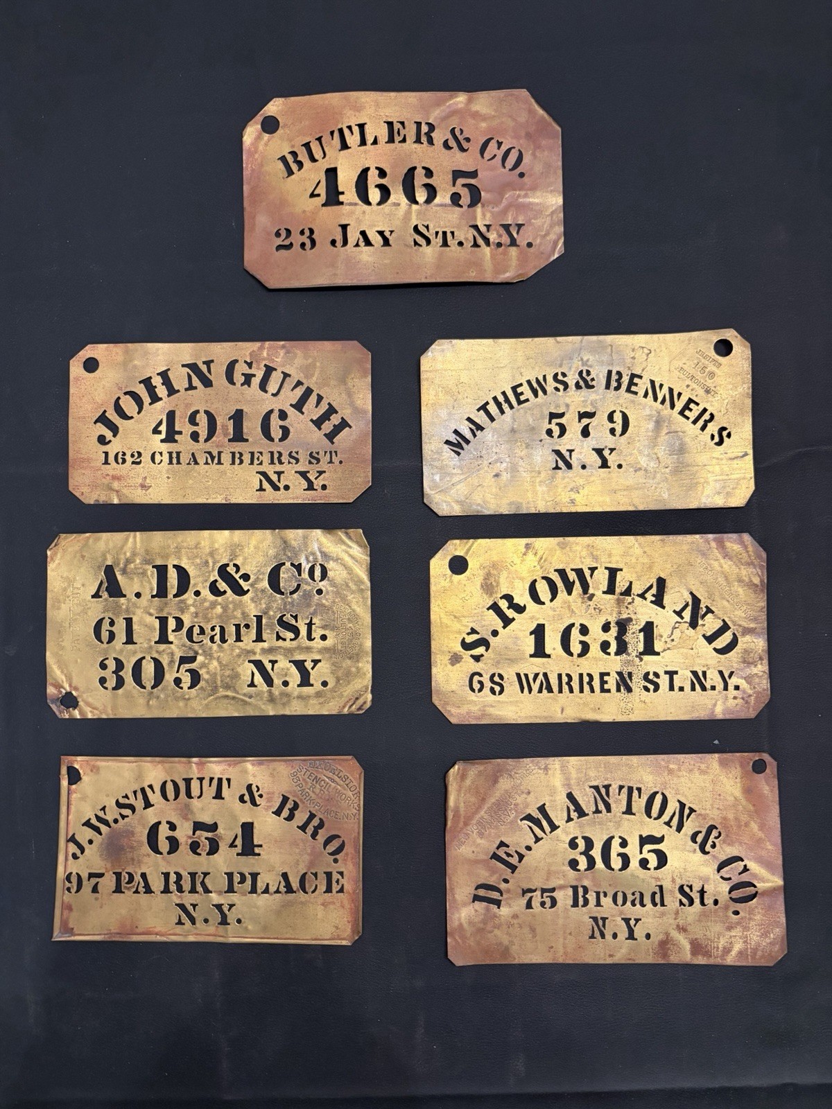 Lot 7 Antique Brass Crate Shipping Stencils New York Advertiser Store Signs