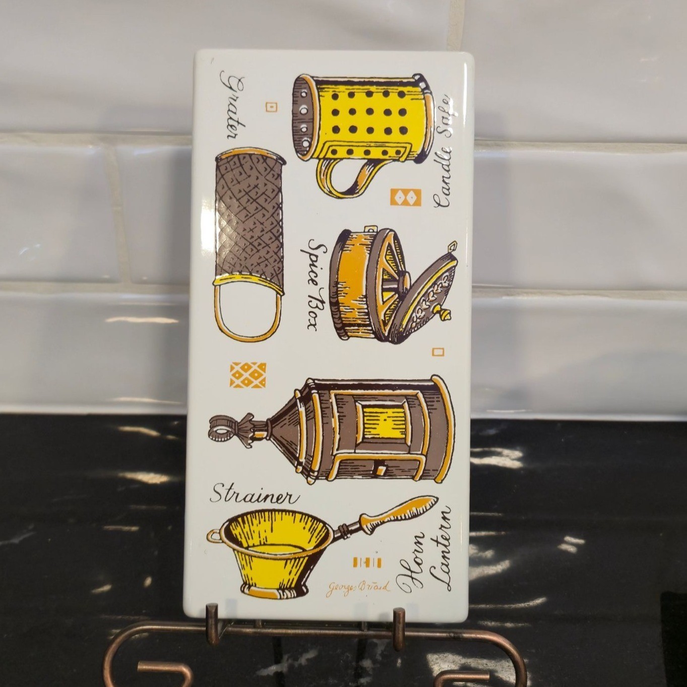 Vintage Georges Briard metal Tile Kitchen Utensil Mid Century Trivet Art 1950s