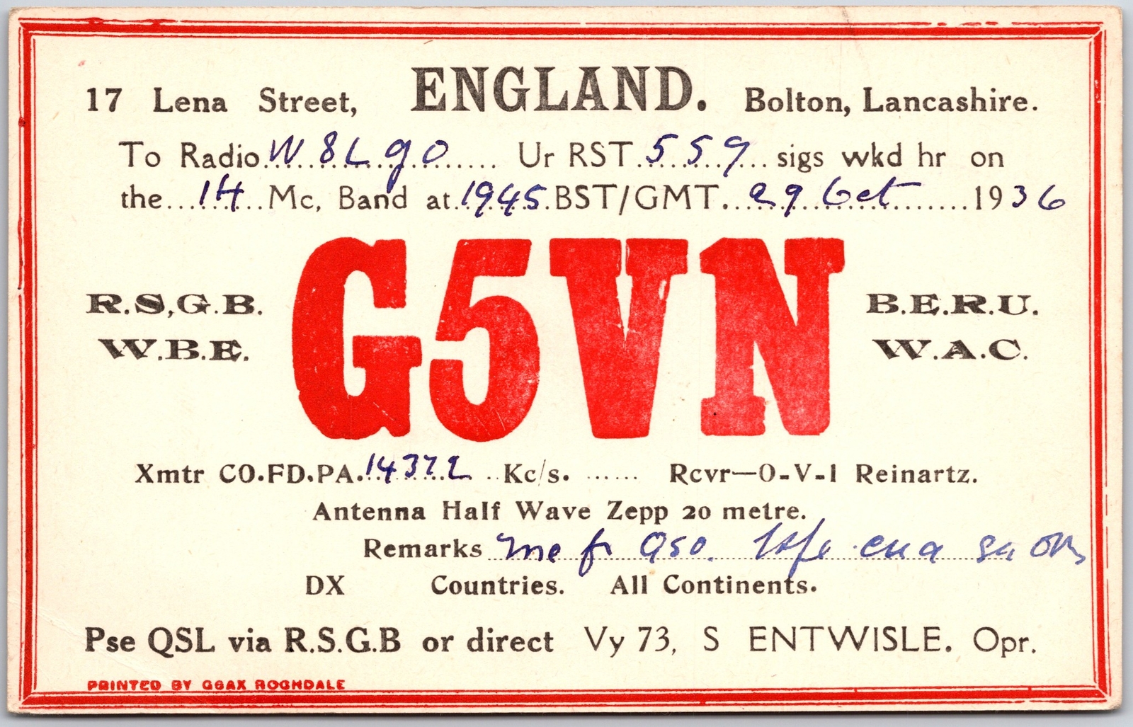 QSL Radio Card Code G5VN Lancashire England Amateur Radio Station Postcard