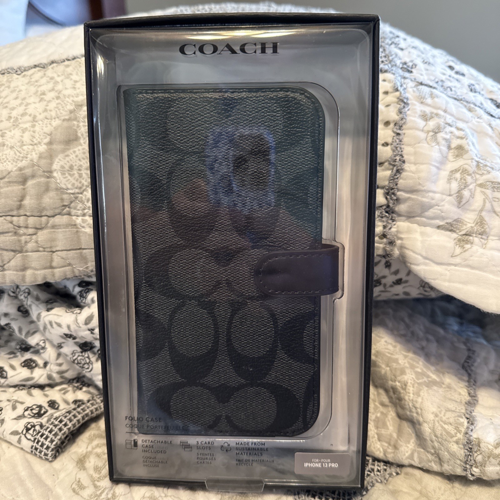 Coach Black Leather Logo Textured Fitted Case for iPhone 13 Pro