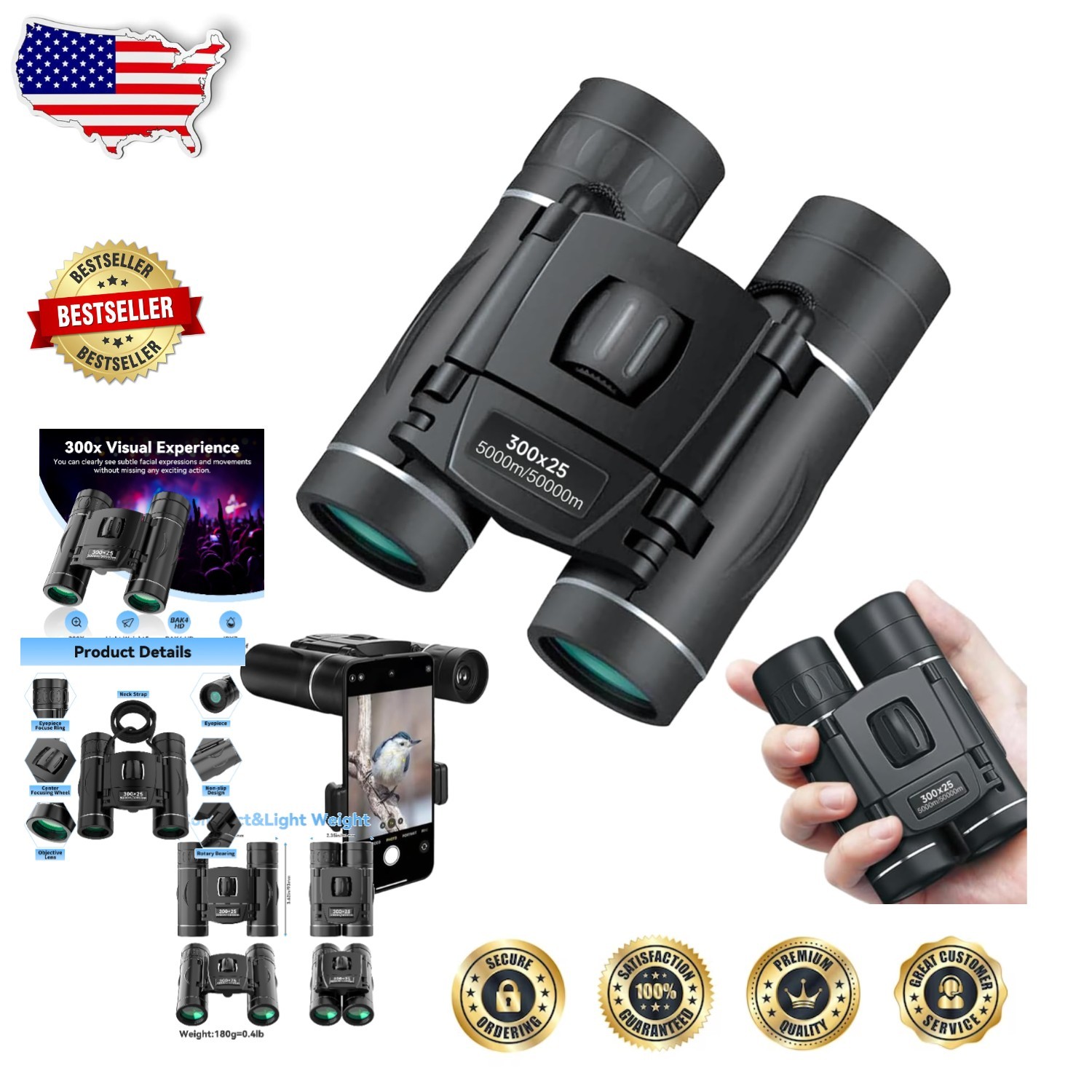 Waterproof 300X Zoom Binoculars, Compact Pocket Telescope for Bird Watching