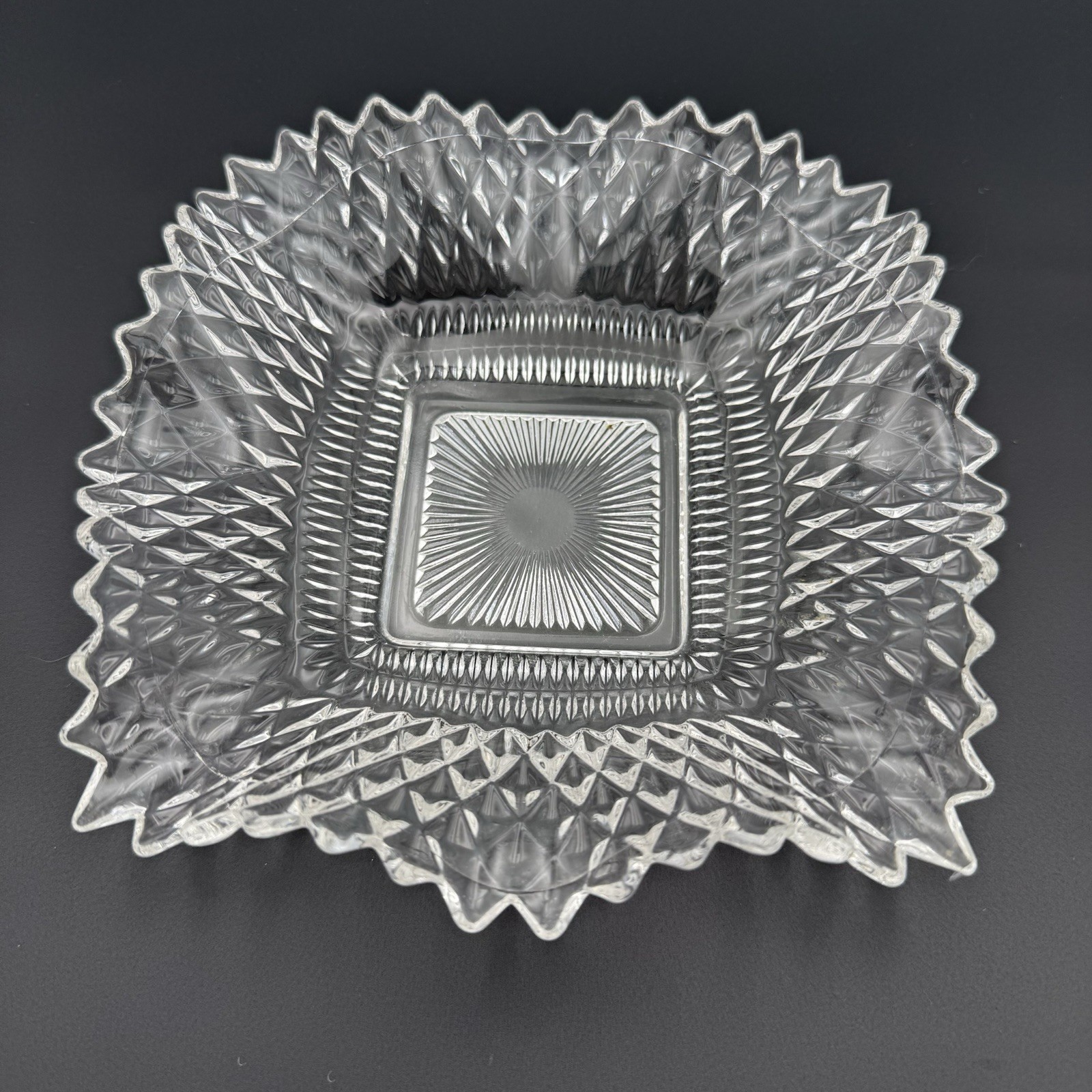 Vintage Indiana Glass Diamond Point Square Ruffled Edge Candy Trinket Dish 4"