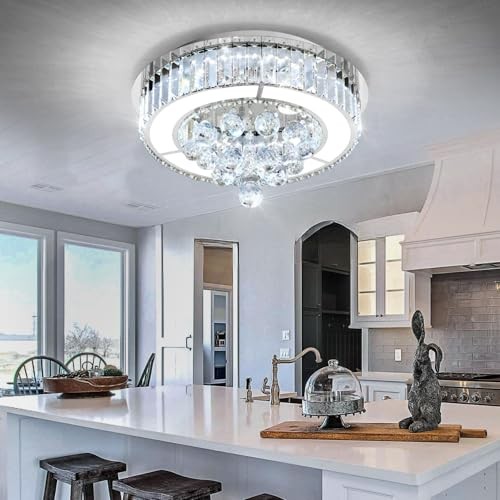 15.7'' Modern Crystal Chandeliers for Dining Room LED Dimmable Flush Mount 