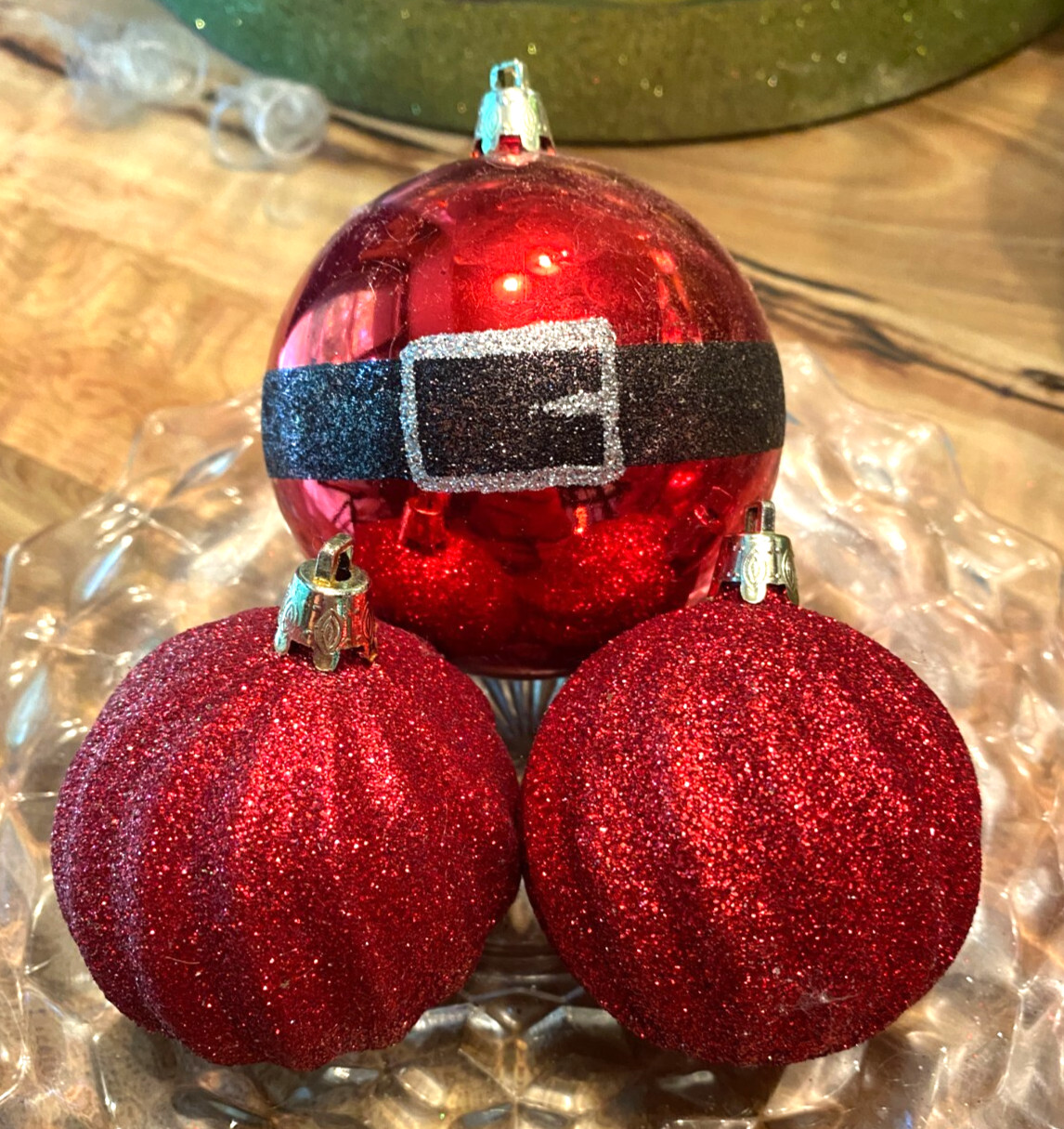 3 Red Belt & Glitter Shatterproof Christmas Ornaments 2-2.5"