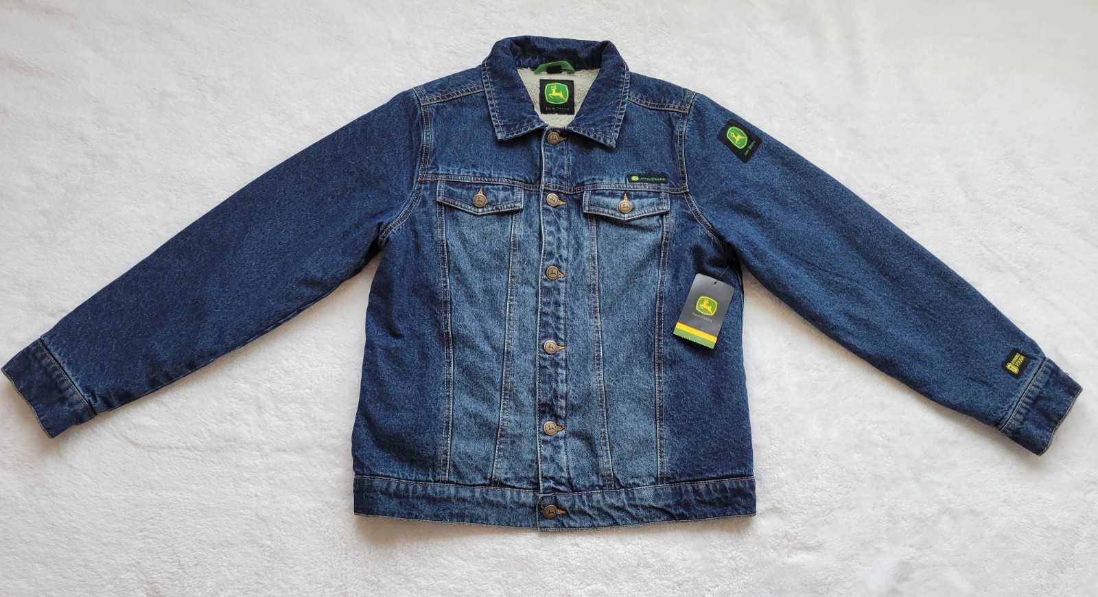 John Deere boys trucker denim jacket Large 10/12 blue sherpa lined