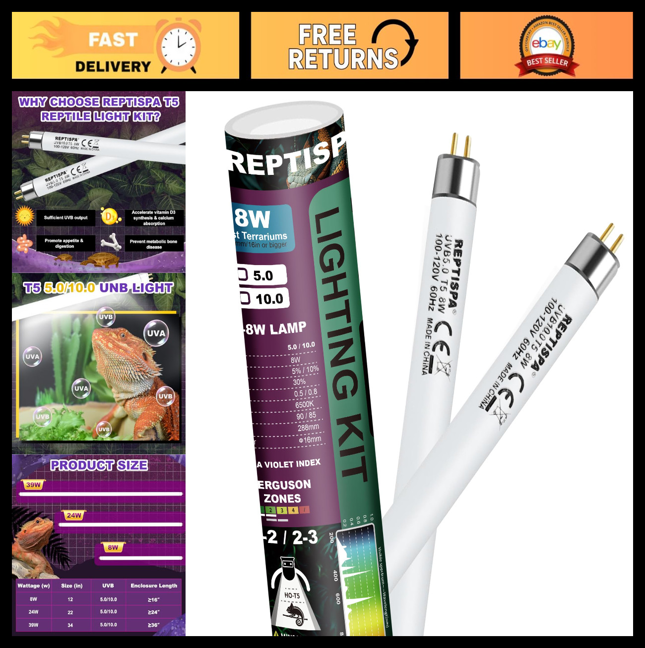 2-Pack 8W T5 HO UVB Reptile Light Tube - Basking Lamp for Bearded Dragons & Amph