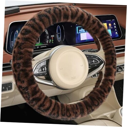 Fluffy Cheetah Car Steering Wheel Cover Luxurious Faux Fur Leopard Print Coffee