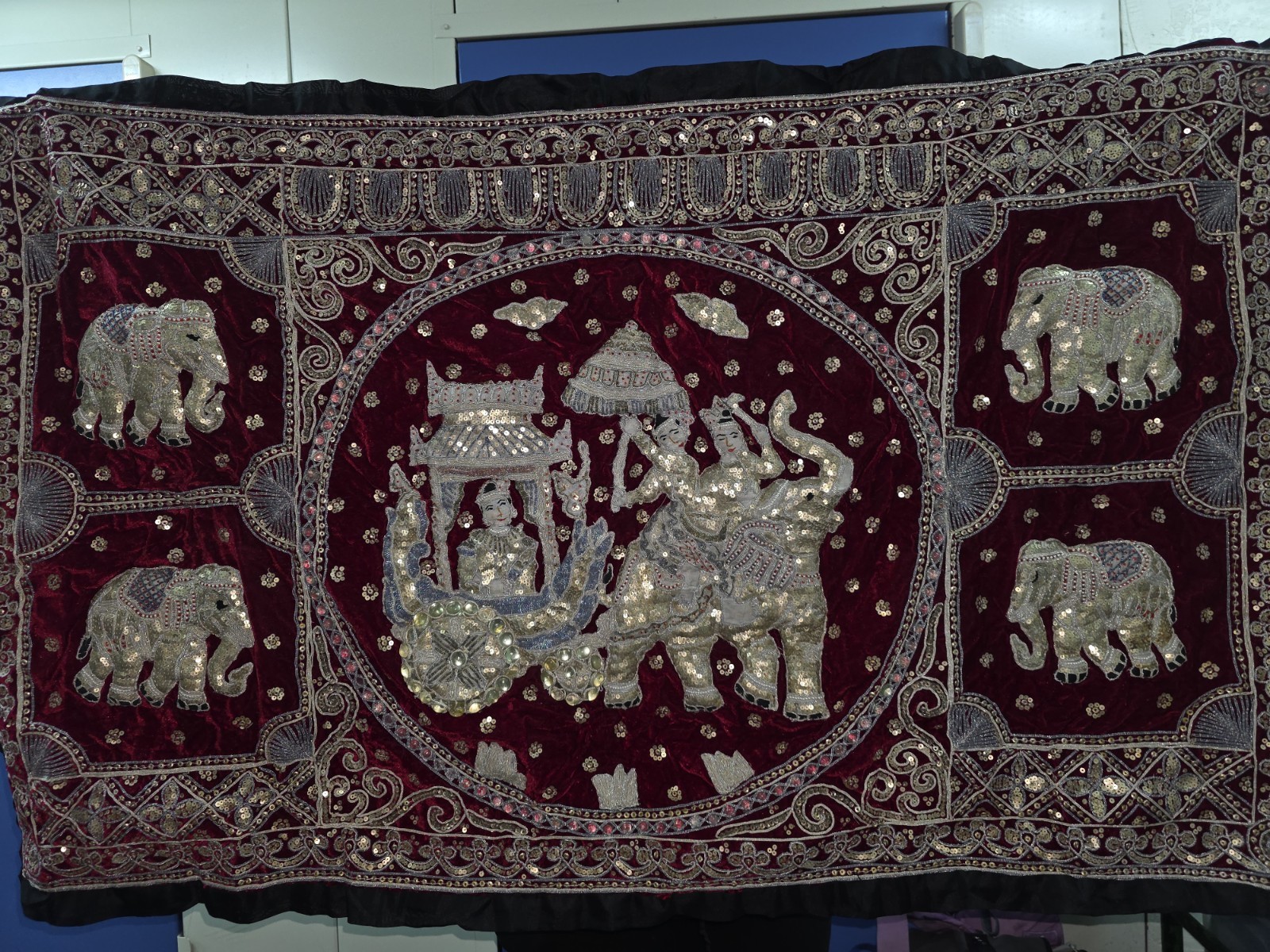 Burmese Kalaga Tapestry Elephants Embroidery Wall Hanging  Vintage