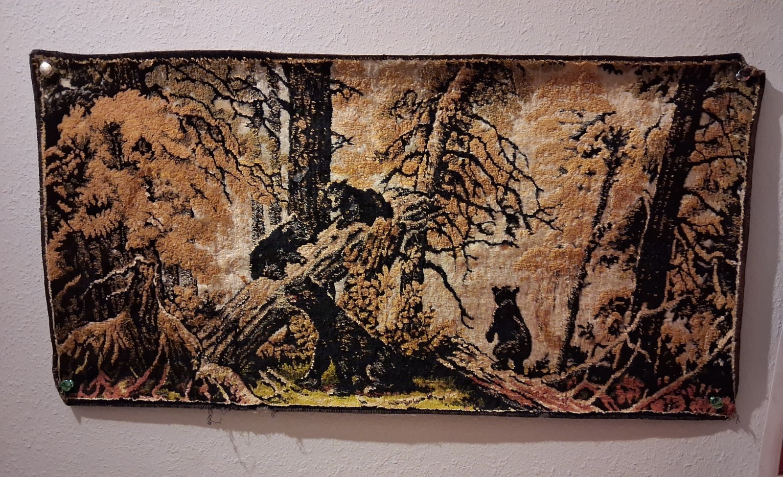 Vintage 1970s Velvet Tapestry Bears On A Log