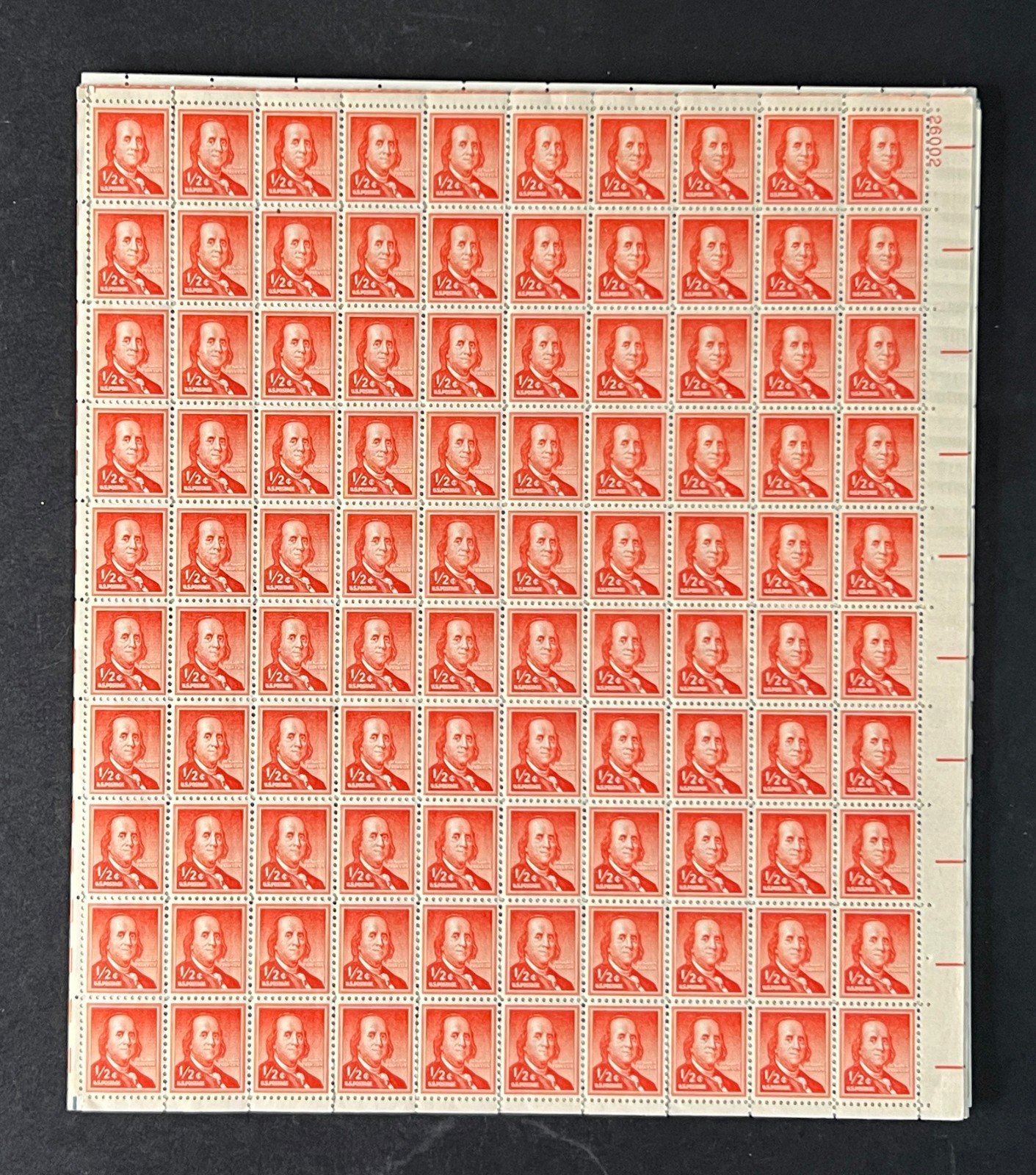 US 1030 Mint Sheet (MNH) Benjamin Franklin Liberty Series 1/2-Cent 1955 ZAYIX