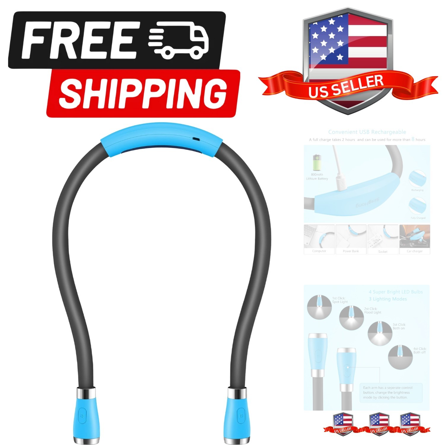 USB Rechargeable Neck Book Light for Reading in Bed, 4 LED Bulbs 4 Adjustable...