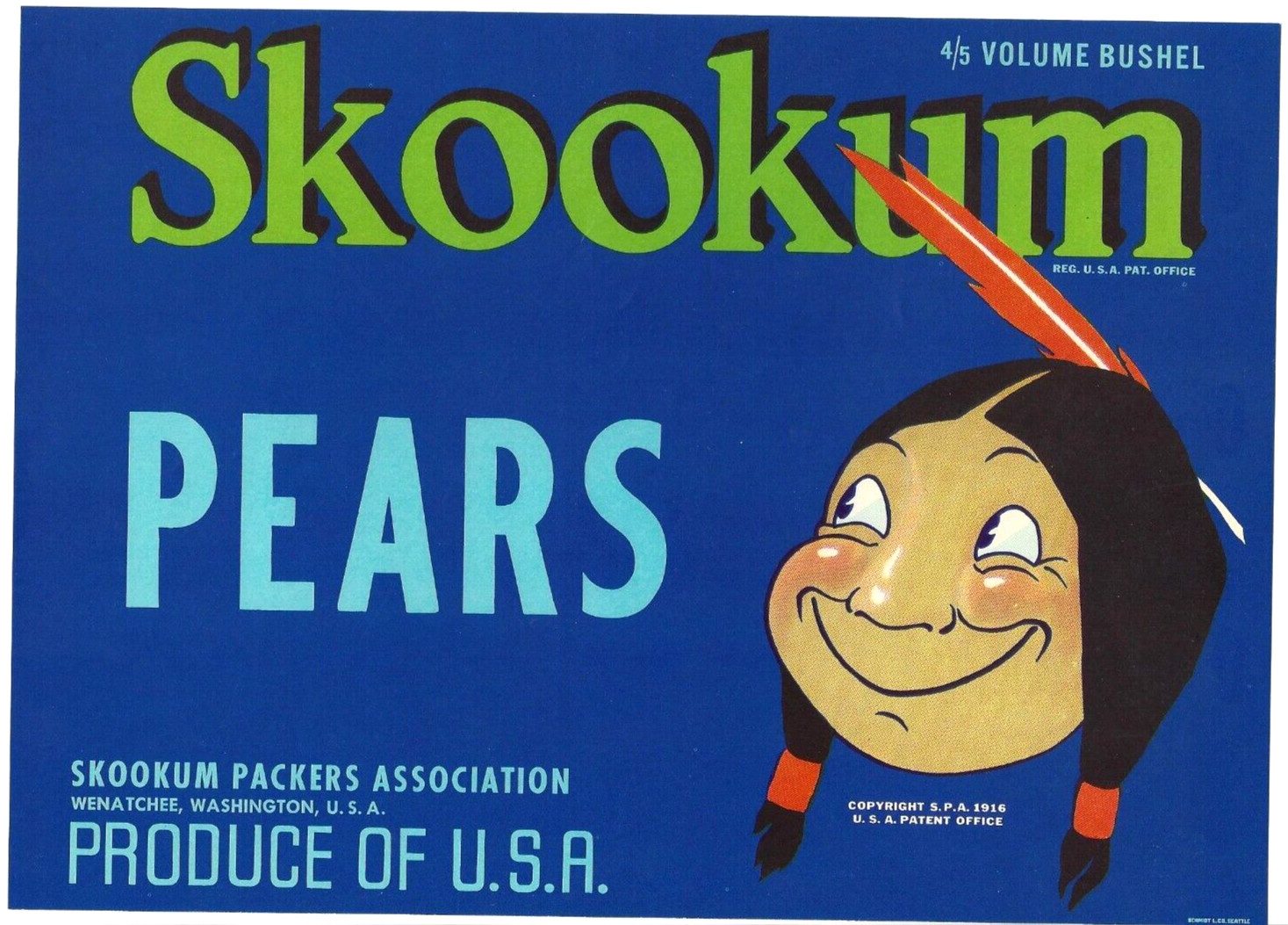 Original SKOOKUM pear crate label Skookum Packers Assn Wenatchee WA feather