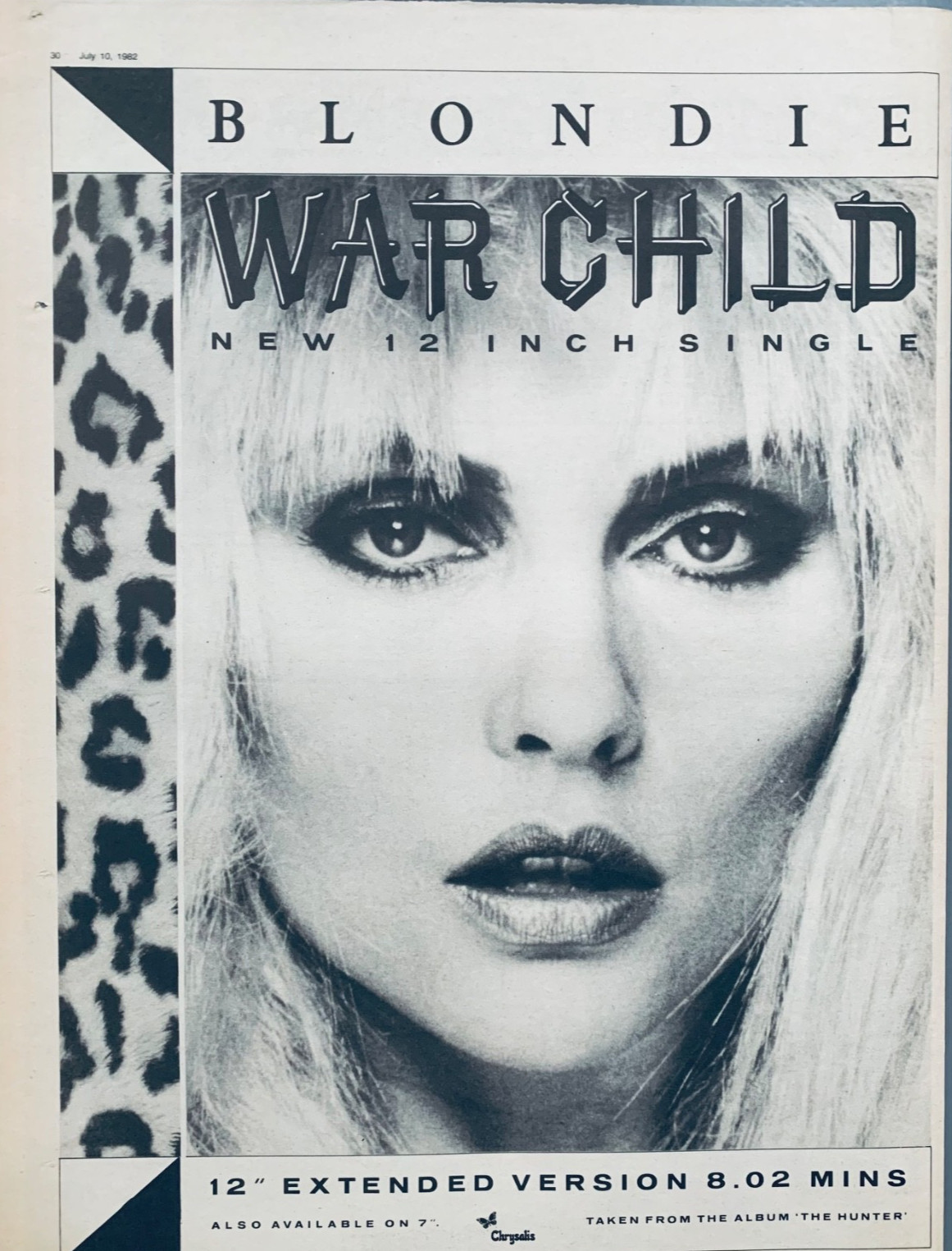 BLONDIE vintage 1982 UK POSTER ADVERT WAR CHILD Debbie Harry THE HUNTER