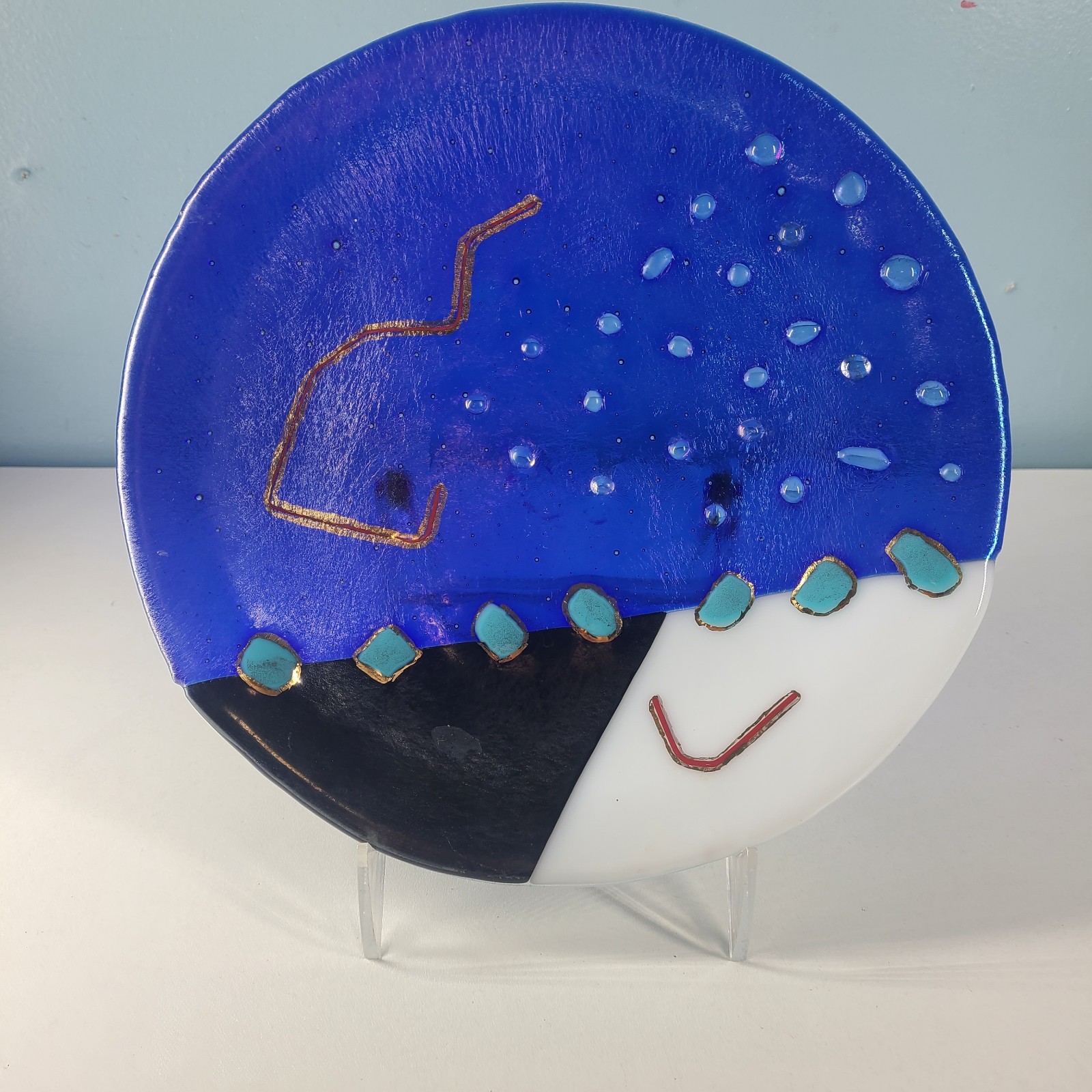 Unsigned Fused Art Glass Plate 8” Blue Abstract Studio Retro