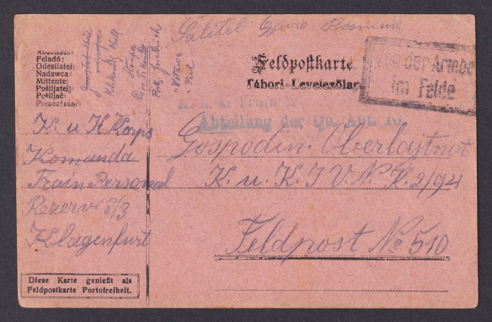 AUSTRIA 1917, Fieldpost postcard WWI