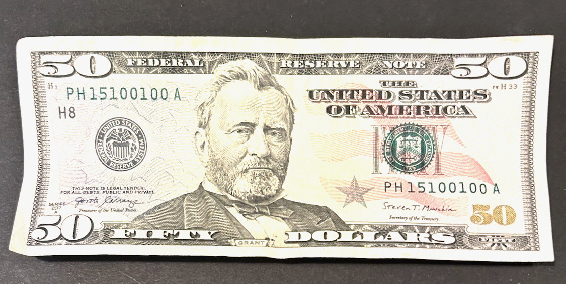 Fancy Number Fifty Dollar Bill - quad 0s, triple 1s, & single 5.