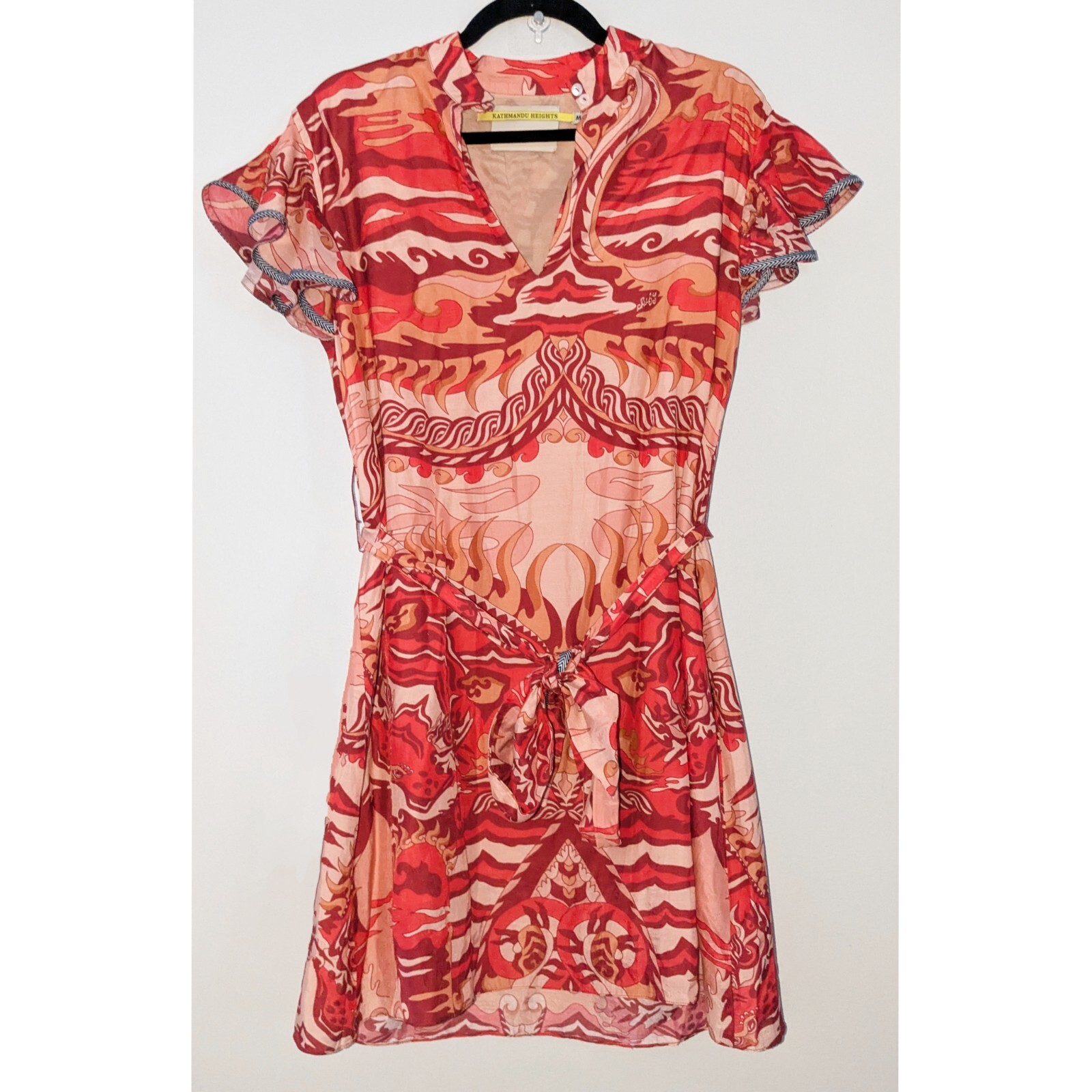 Chufy Kathmandu Heights Belted Mini Dress Flutter Sleeves Orange Red Size M NEW