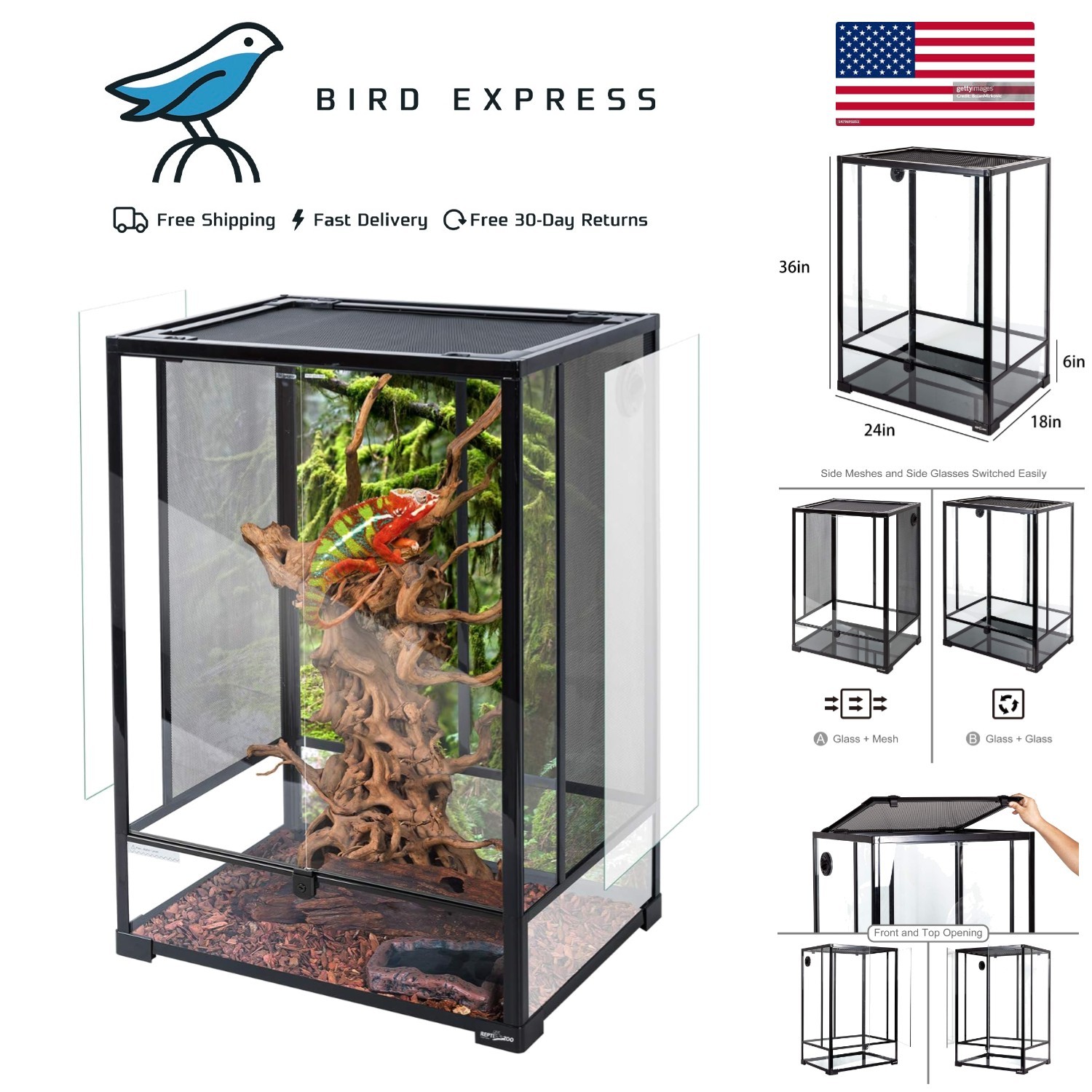 24x18x36in Reptile Glass Terrarium, Double Hinge Doors Rainforest Habitat 67 Gal