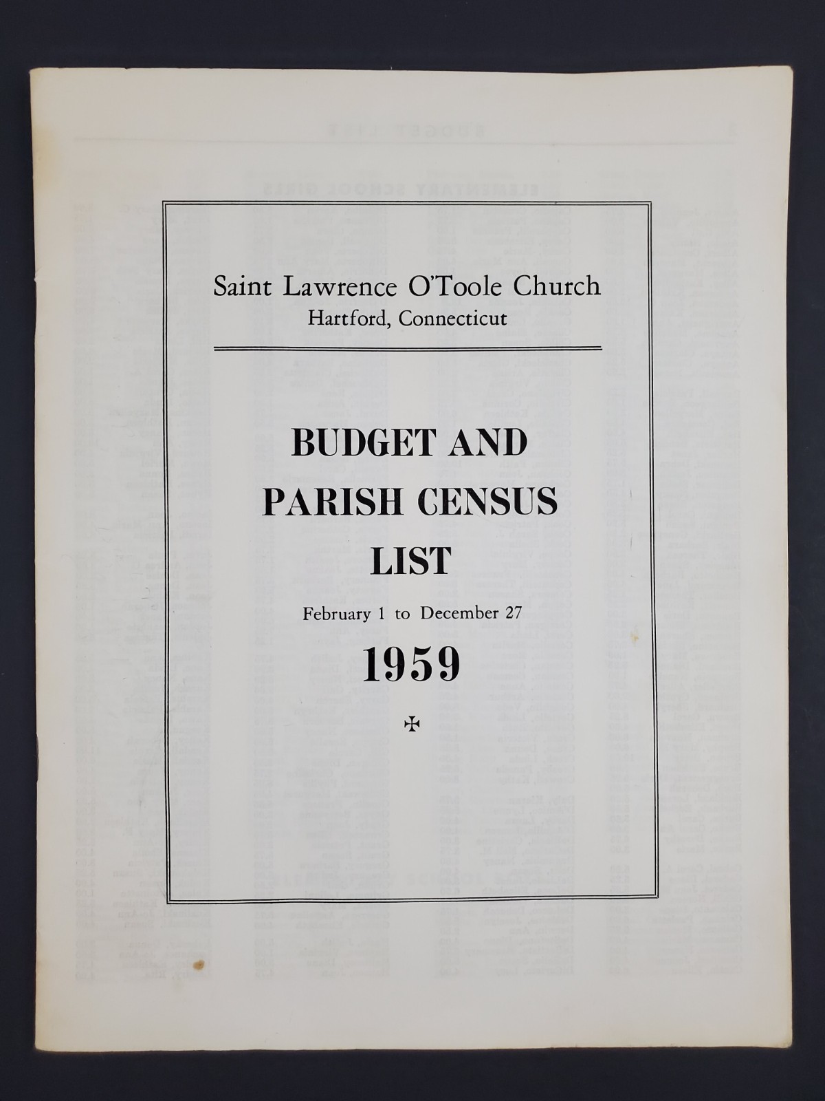 1959 Hartford CT St Lawrence O'Toole Church Budget Parish Census Vintage Booklet