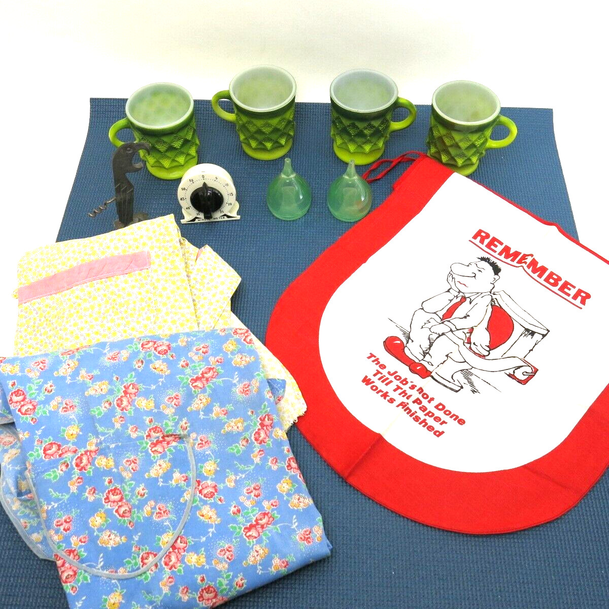 VINTAGE 60S-70S KITCHEN APRONS, SALT & PEPPER, MINUTE METER, FROST KING CUPS.