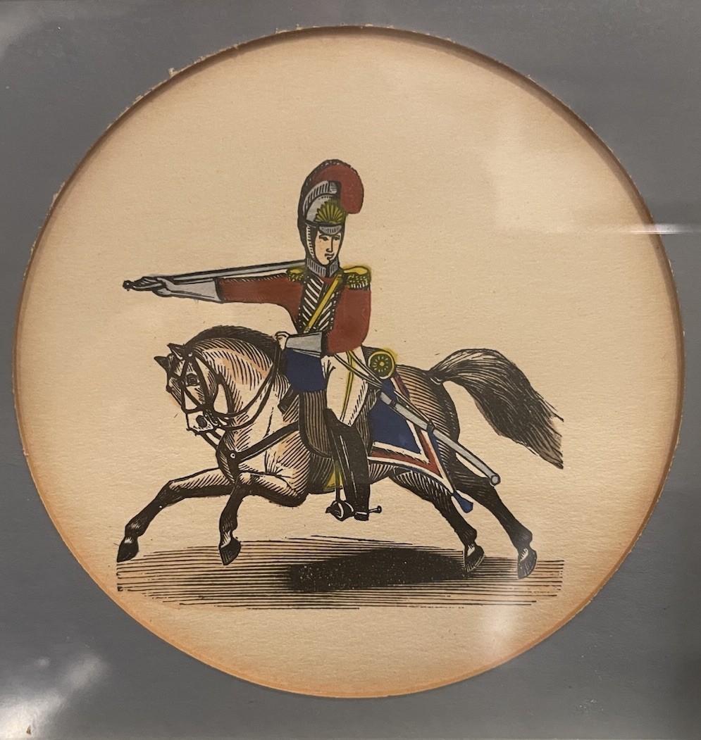 Antique Soldier On Horseback Colored Etching