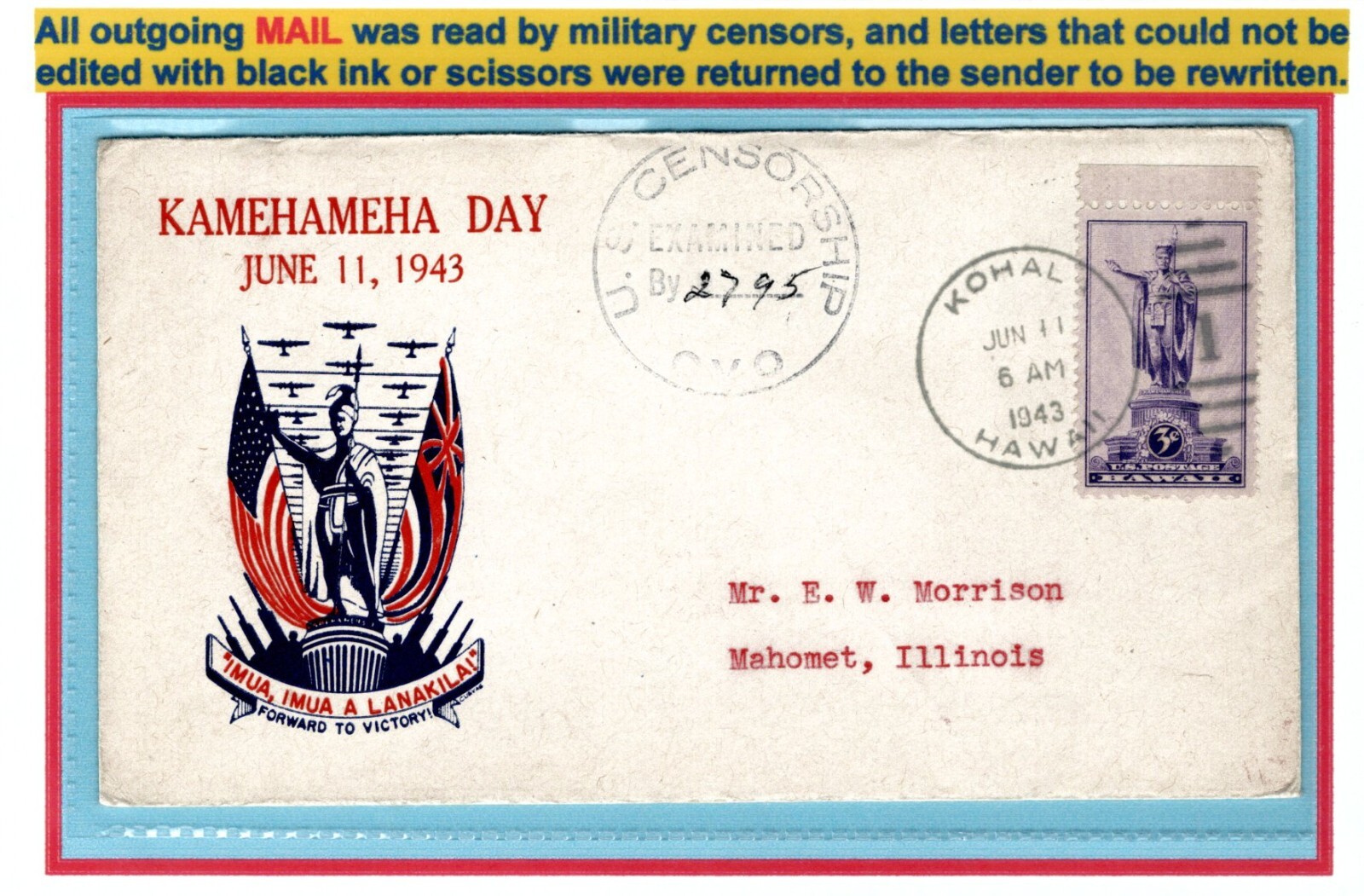 Pearl Harbor - 12/7/1941 - Scarce "U.S. Censorship" Postal Cover HAWAII 1943