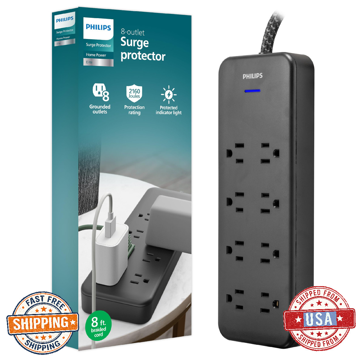 Philips EZFit 8-Outlet Surge Protector Power Strip 8ft Braided Cord