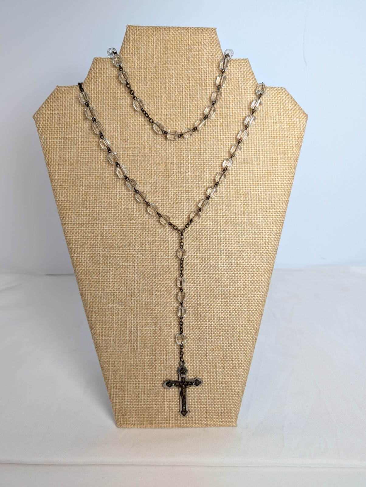 Vintage Rosary Faceted Square Rock Crystal Beads Two Tone Crucifix Cross