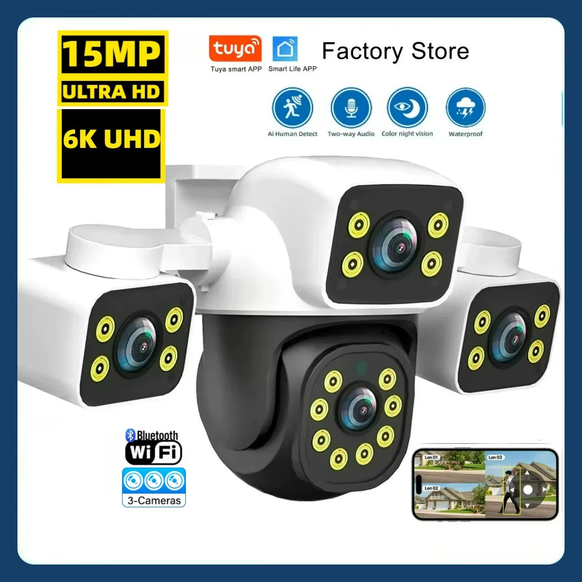 Tuya Smart 15MP Three Lens IP Camera Three Screens Security Auto Tracking Wirele