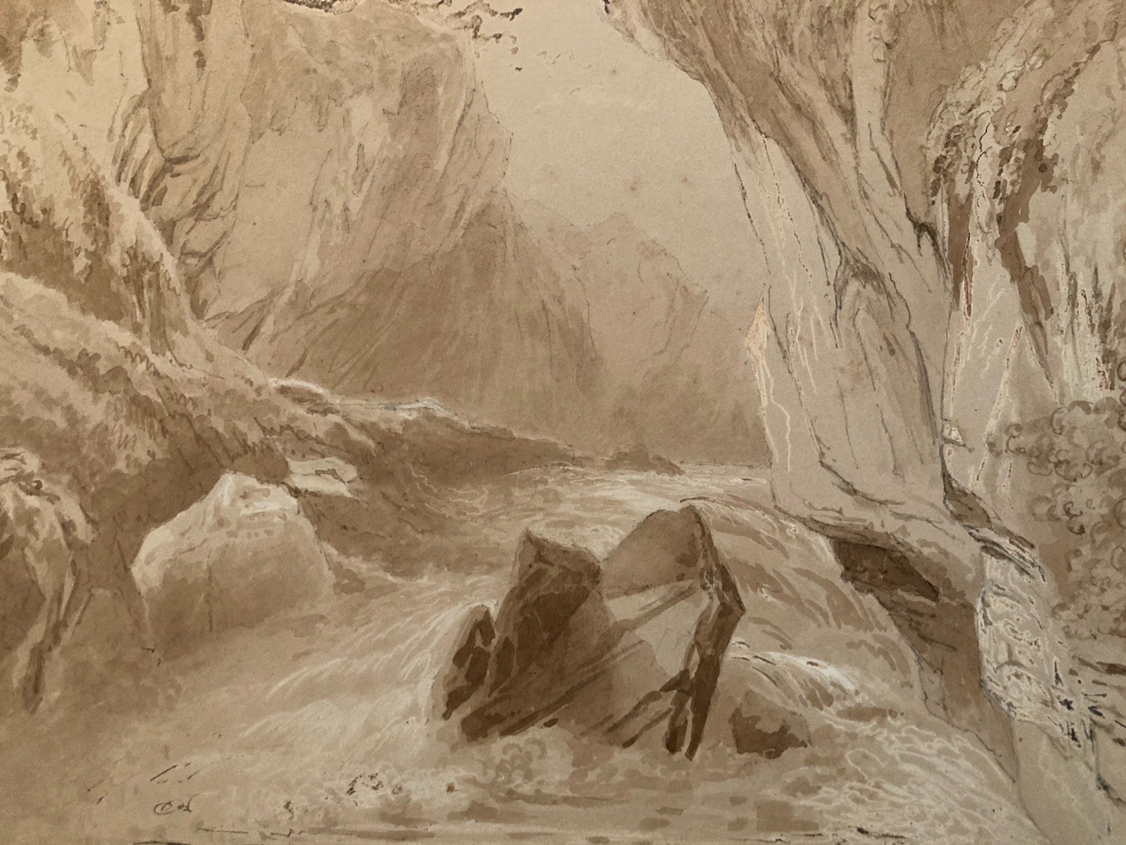 Très Beau Dessin XIXe 1850 Encre Lavis Ancien Arbre Riviere Rocher Montagne Art