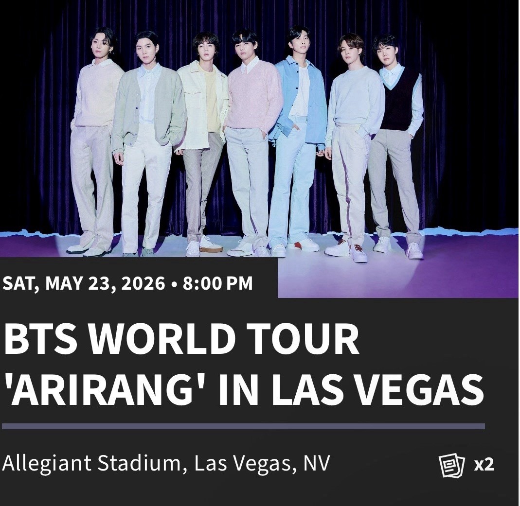 BTS 'Arirang' 2 Tickets Allegiant Stadium Las Vegas May 23 Sec 243 Row 5