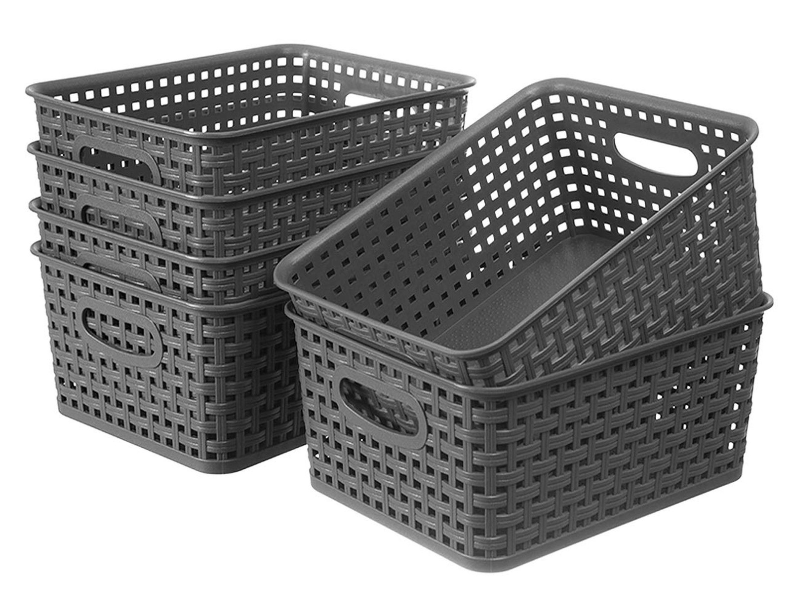 Weave Plastic Storage Basket 6-Pack, Woven Grey Baskets Bins for Organizing B...