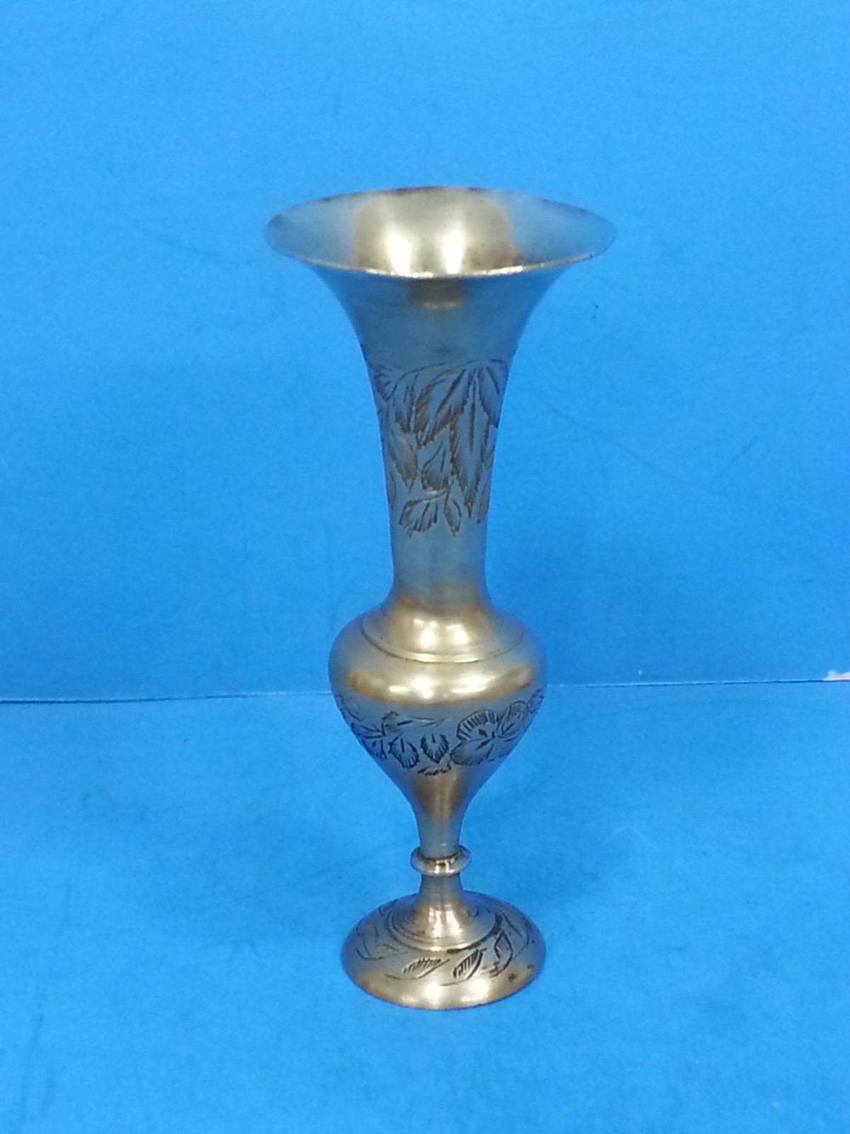 Vintage Solid Brass Indian Bud Vase Etched Floral Engraved Design 