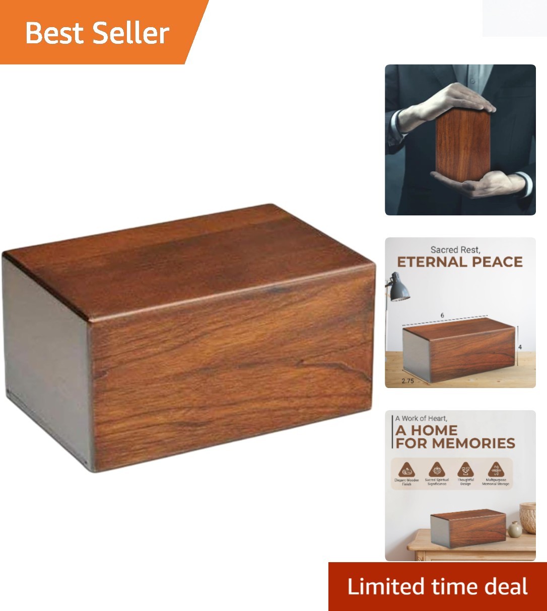 Brown Handcrafted Wooden Urn, 66 Cubic Inches – Elegant Ashes Memorial Box