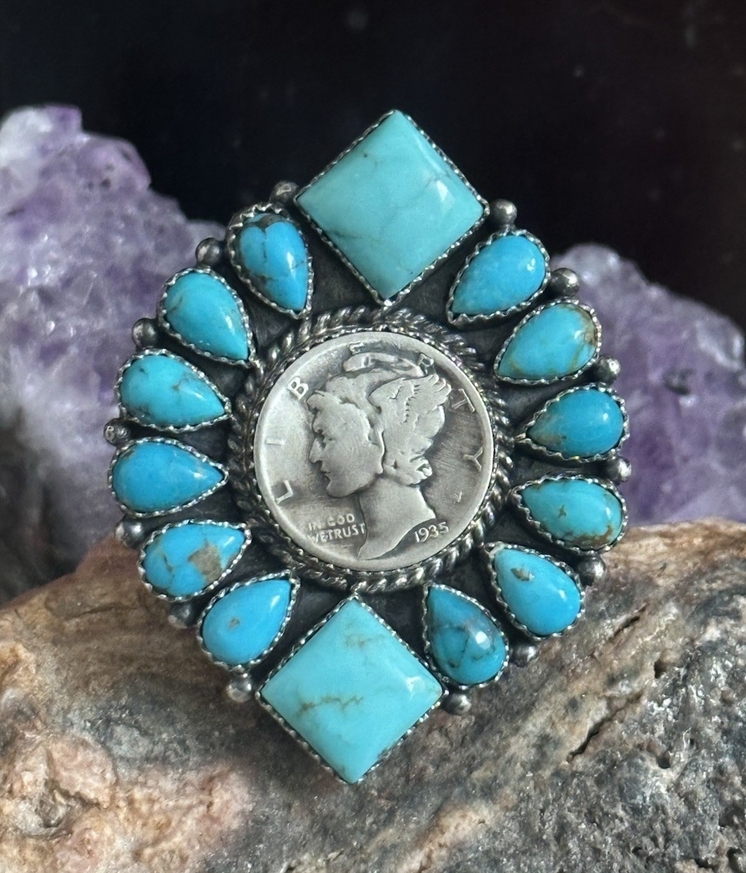 Kingman Turquoise Mercury Dime Cluster Native American Sterling Silver Ring 
