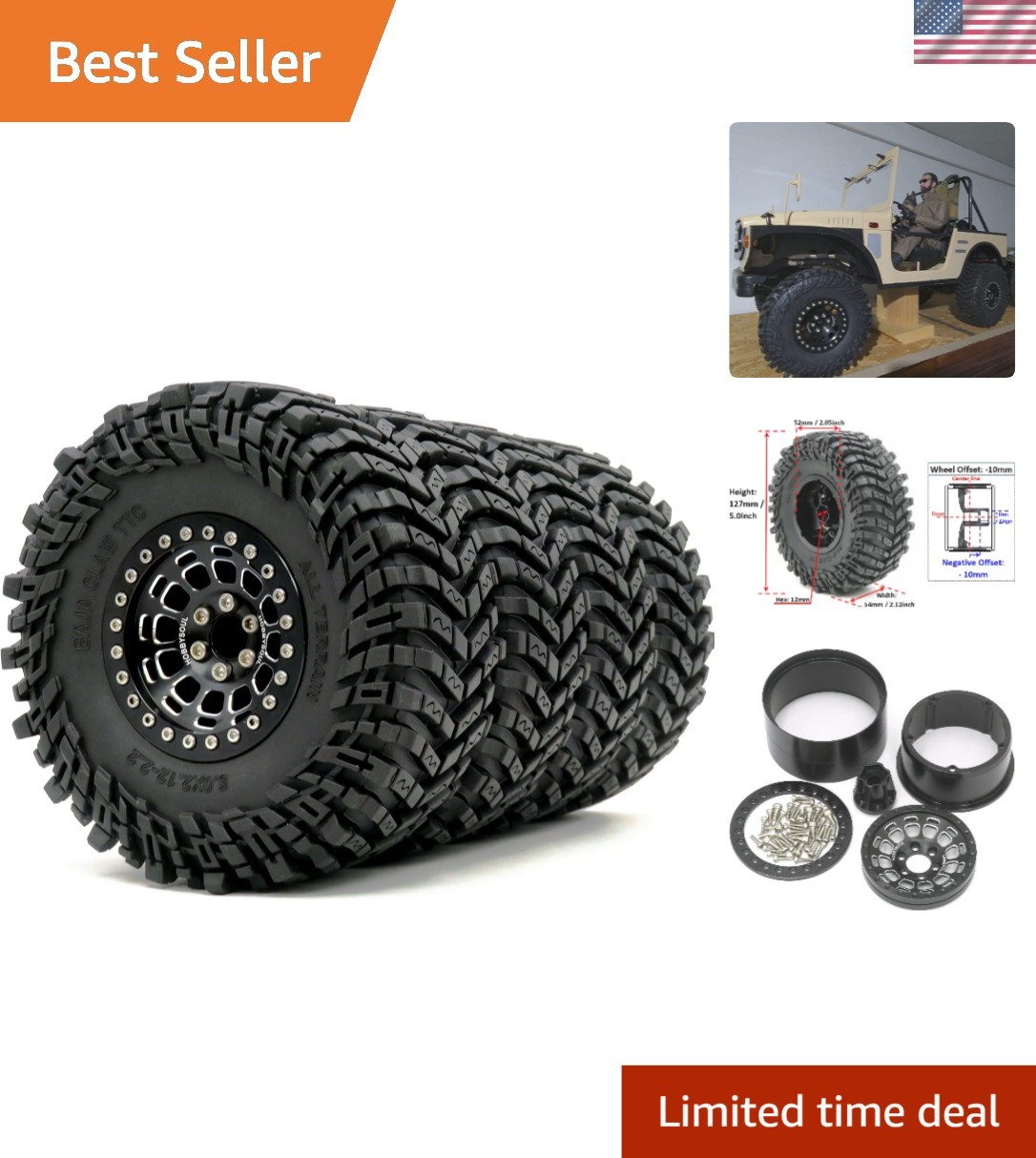 RC 2.2 Tires & Beadlock Wheels Set for Axial Capra Wraith Traxxas Redcat Gen8...