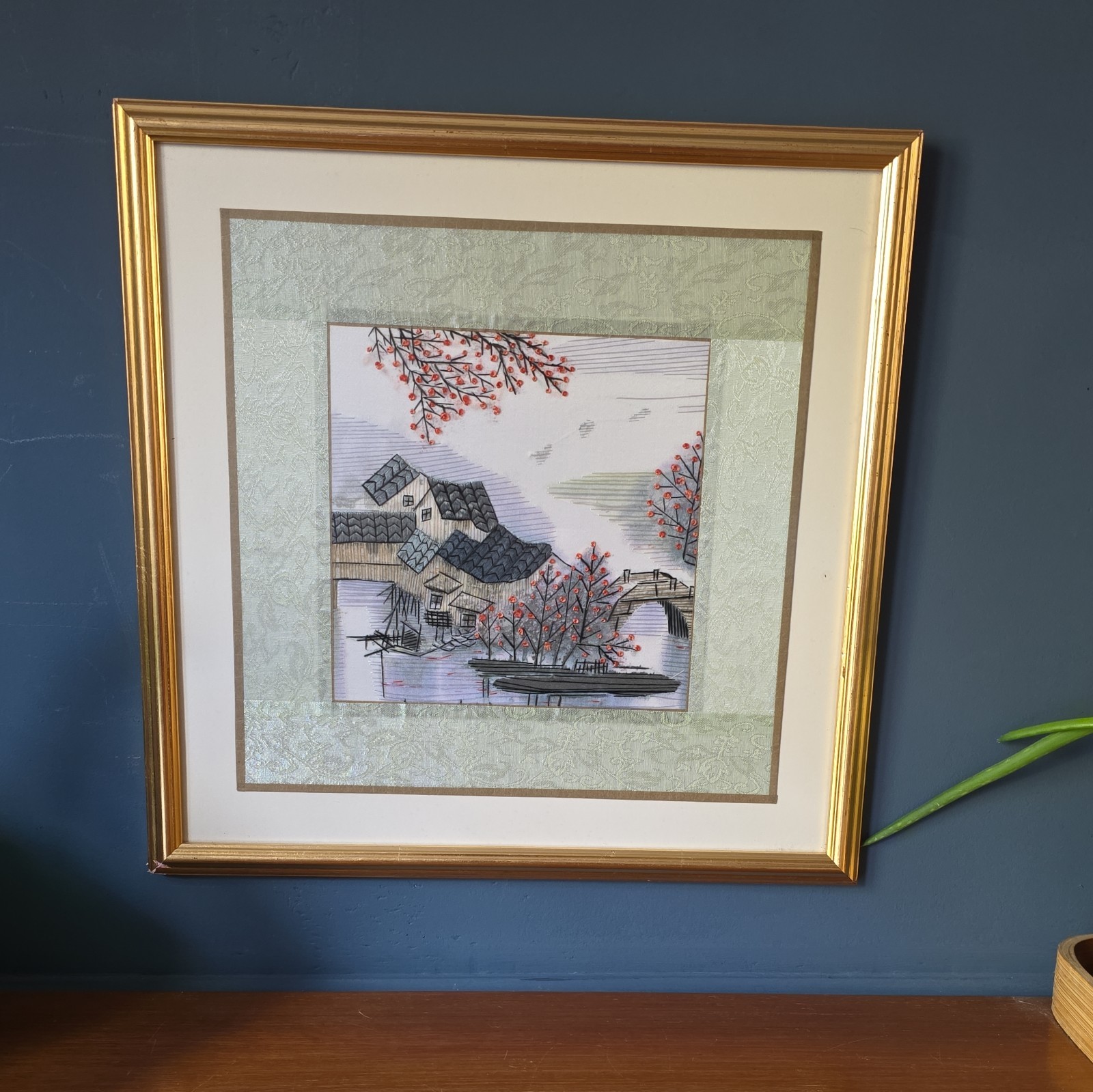 Oriental Art EMBROIDERY Fabric PICTURE Fishing Boat & Village Storytelling