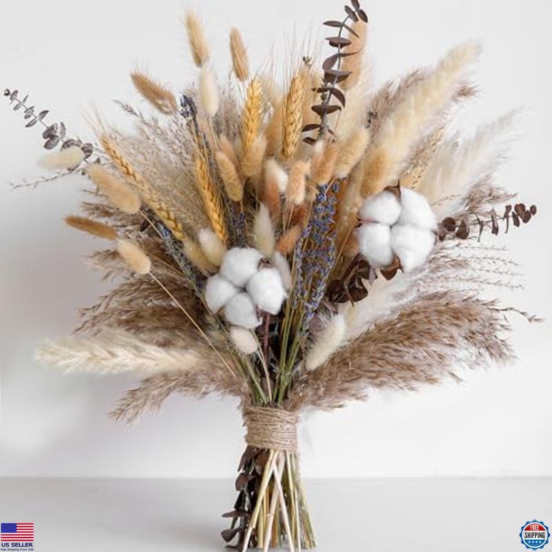 Natural Dried Flower Bouquet - Pampas Grass, Cotton, Bunny Tails, Eucalyptus,