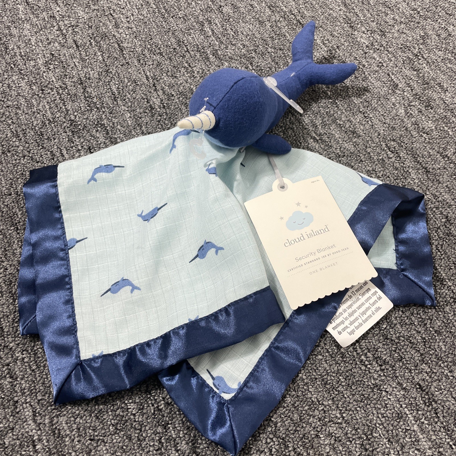 Cloud Island Whale Lovey Baby Security Blanket Muslin Blue Satin Trim