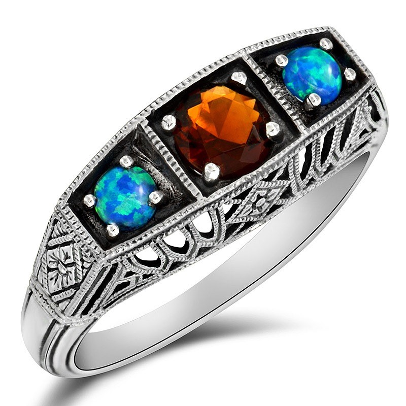 1CT Natural Fire Garnet & Opal 925 Sterling Silver Art Nouvean Ring Sz 6 XB3-4