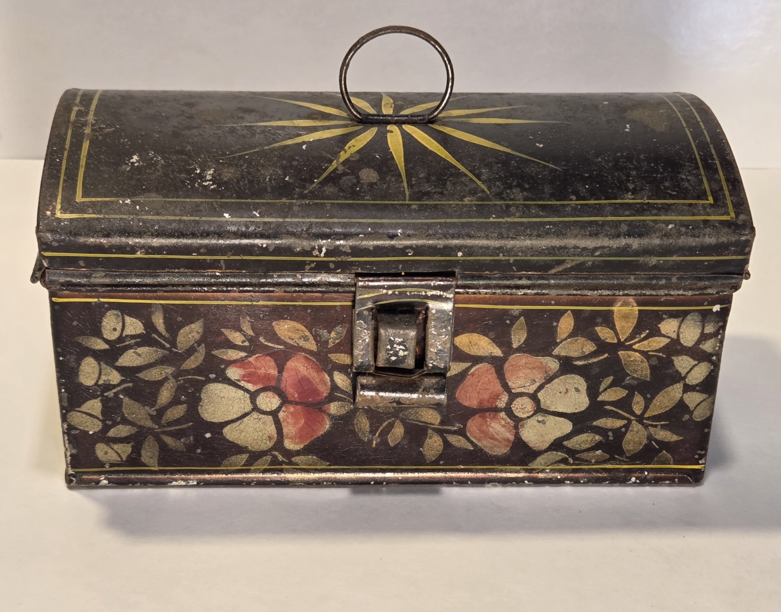 Antique Primitive Toleware Tin Pantry Spice Box Hand Painted Floral Folk Art