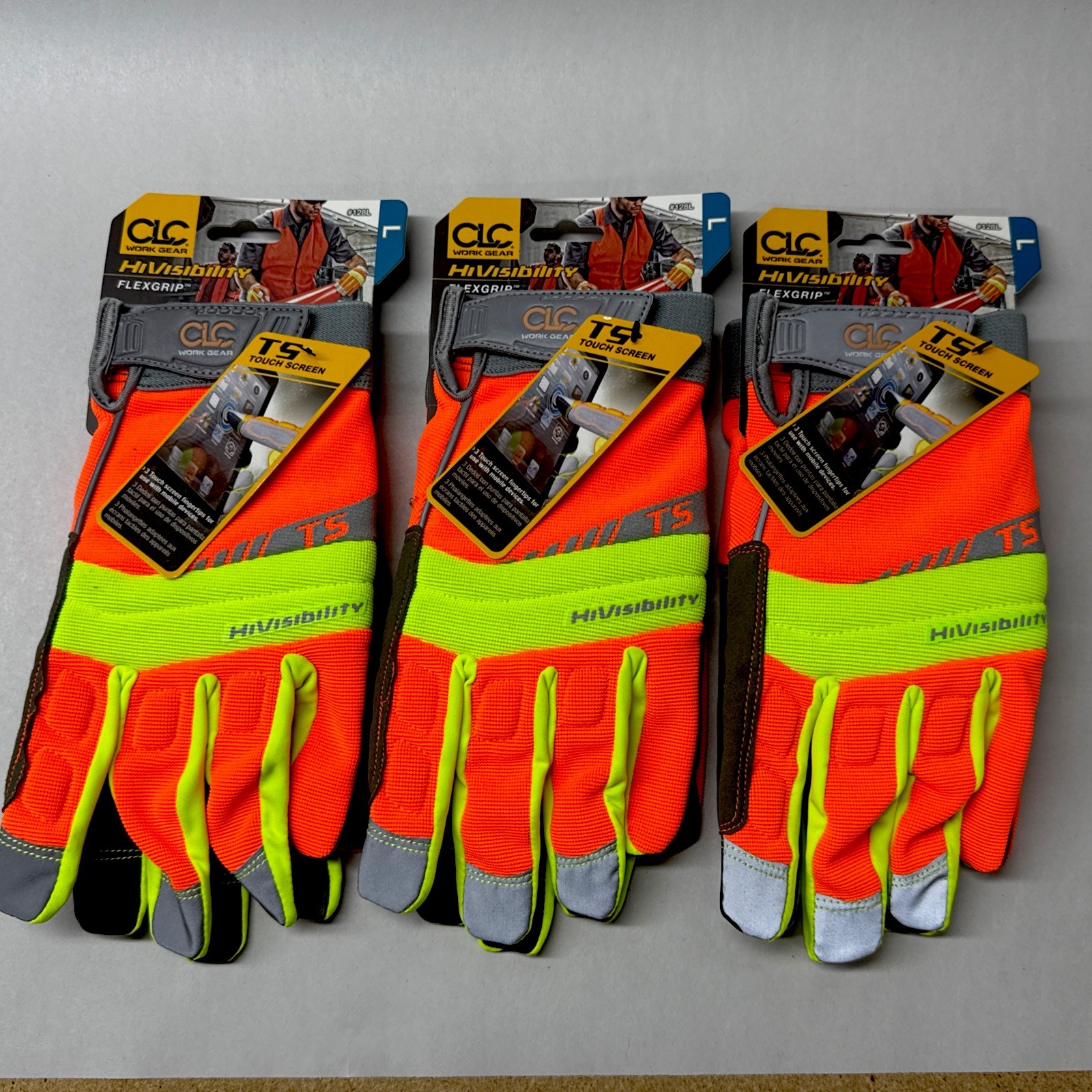 3 Pack Custom Leathercraft 128L hivisibility Flex Grip Work Gloves Large