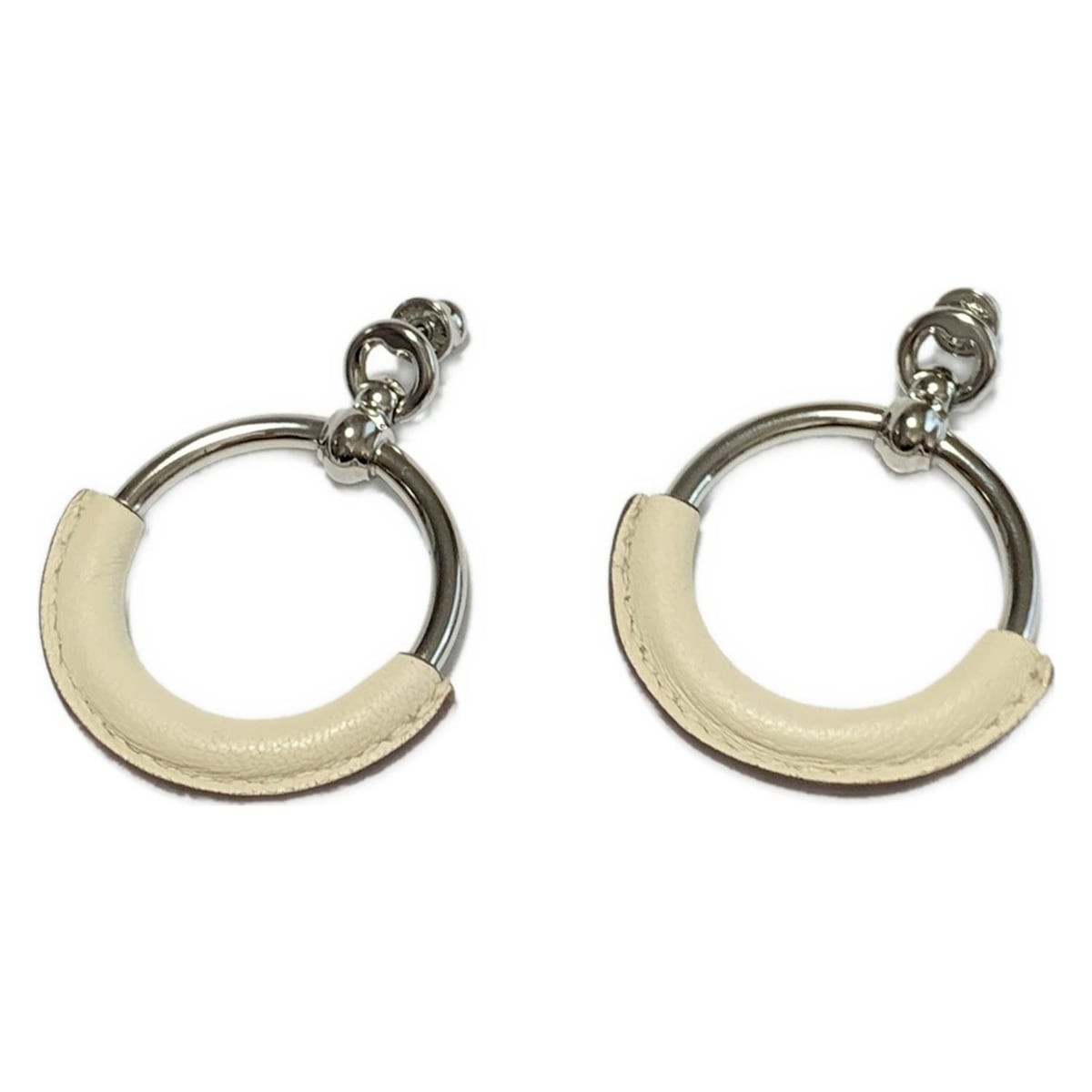Used HERMES (Hermes) Loop Earrings Silver x Ivory Leather