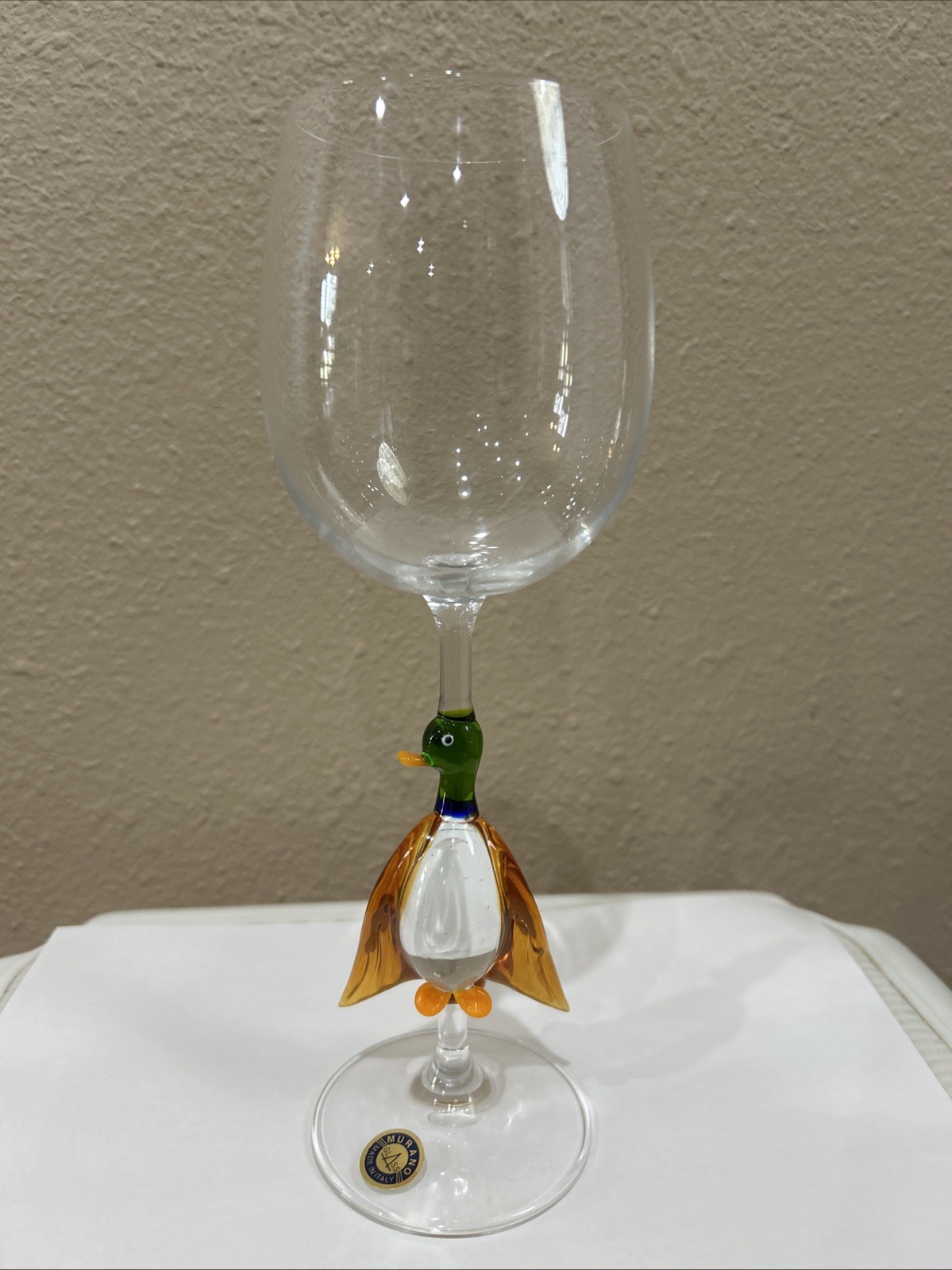VTG Murano Art Glass Wine Goblet Duck Mallard Stem 9.75” Blown Glass