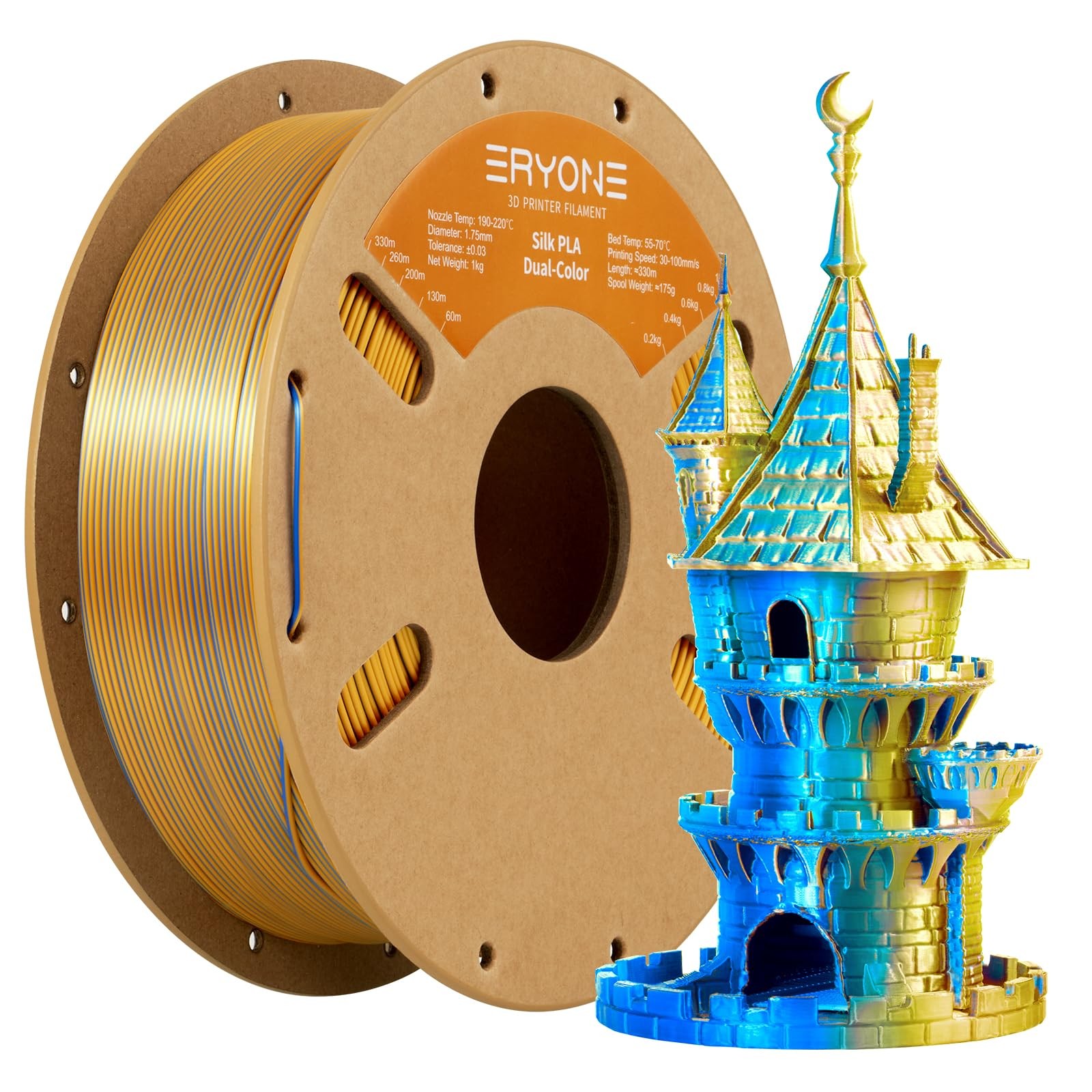 ERYONE Silk Dual Color PLA Filament 3D PLA-1kg, Gold Blue 