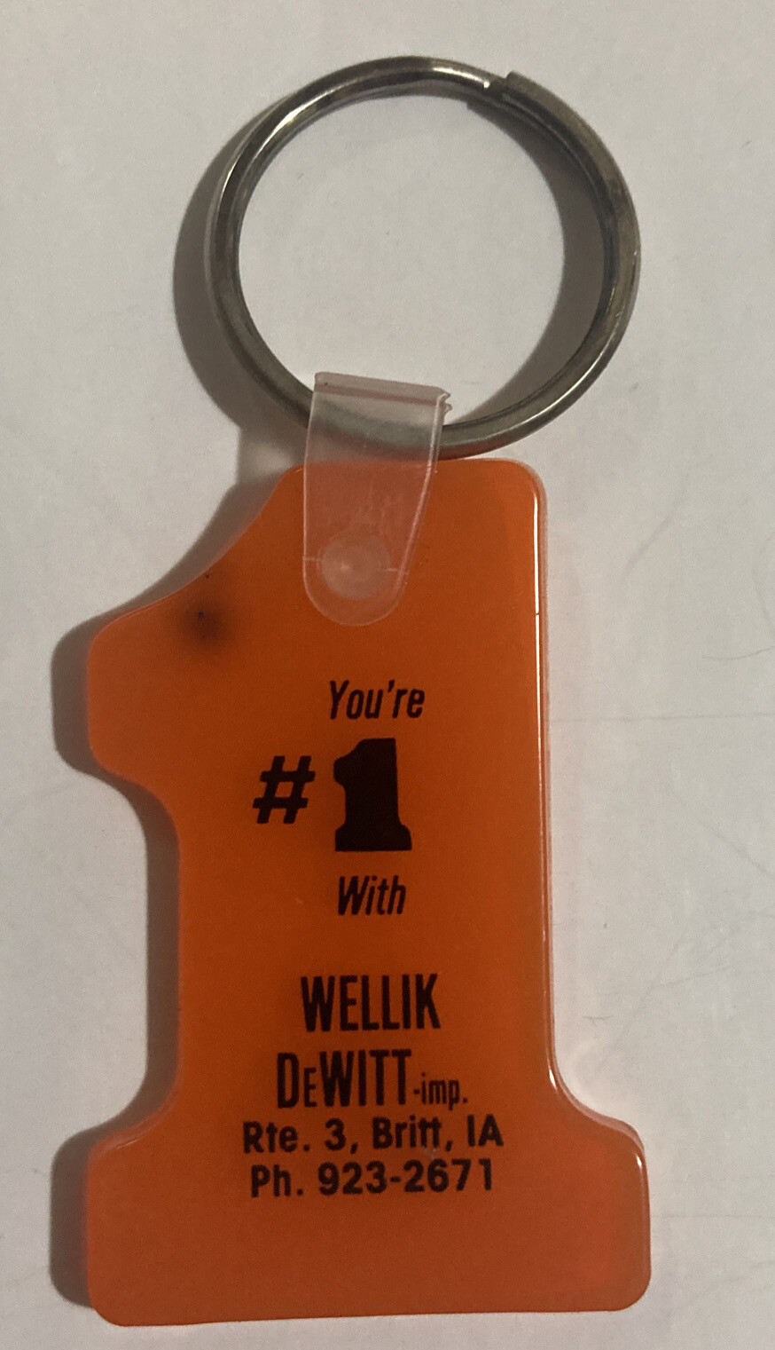 Vintage Advertising KEYCHAIN IOWA IA BRITT WELLIK DEWITT IMP RTE 3 YOU'RE #1