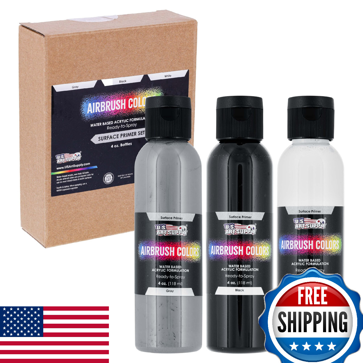 U.S. Art Supply Airbrush Primer Set - Black, White, Gray - 3x 4oz Bottles